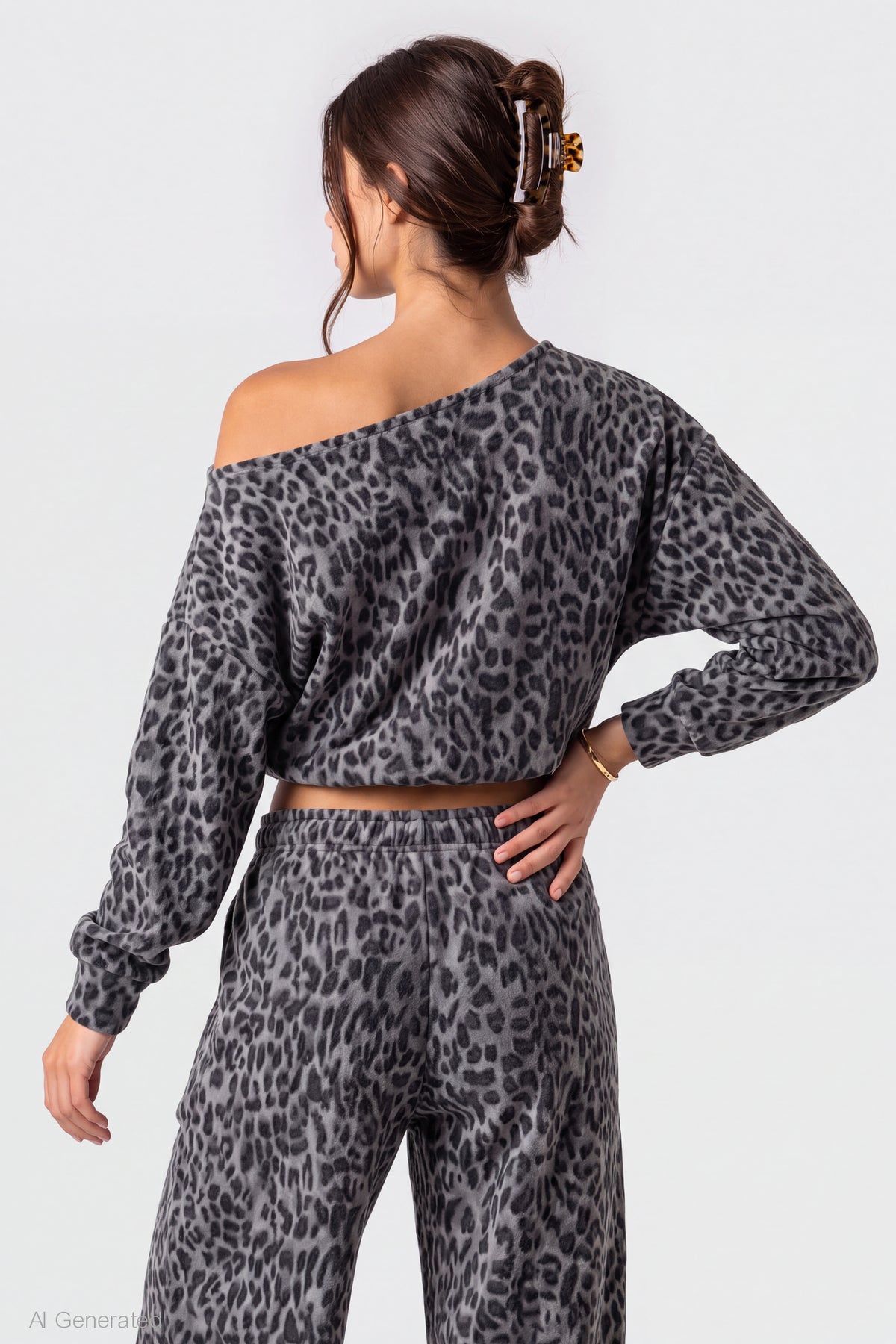 Alt View 2. Off Shoulder Long Sleeve Fleece Top - Dark Grey