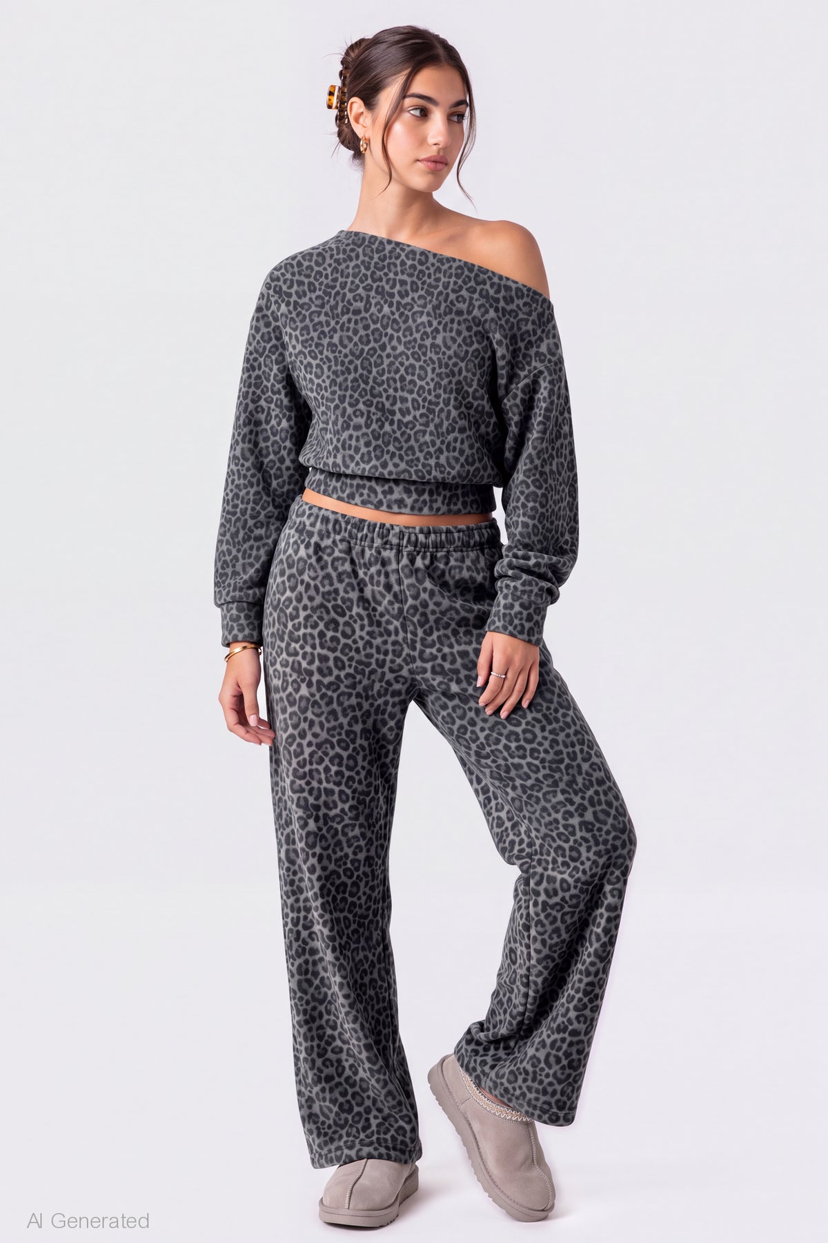 Alt View 3. Off Shoulder Long Sleeve Fleece Top - Dark Grey