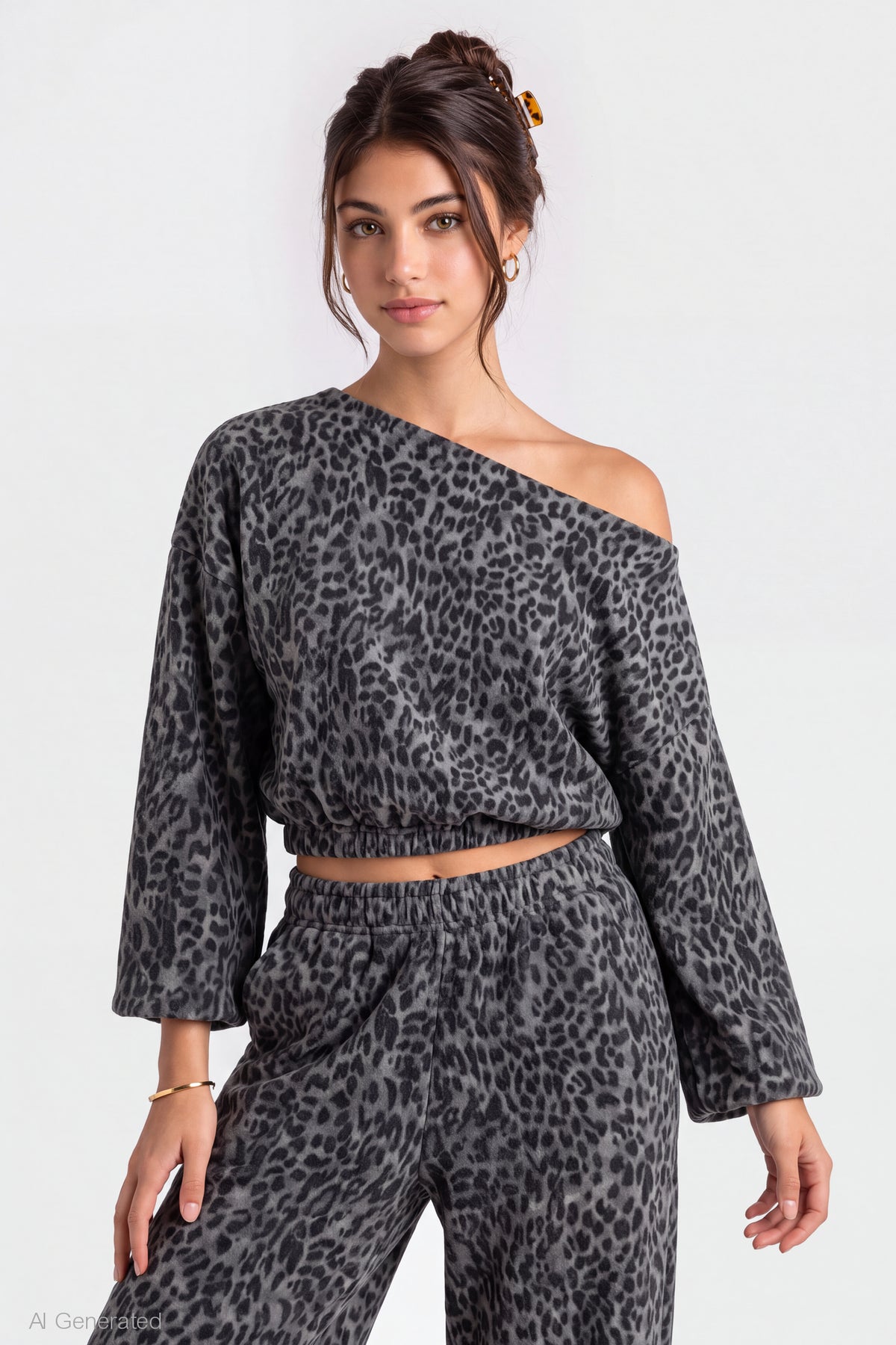 Off Shoulder Long Sleeve Fleece Top - Dark Grey
