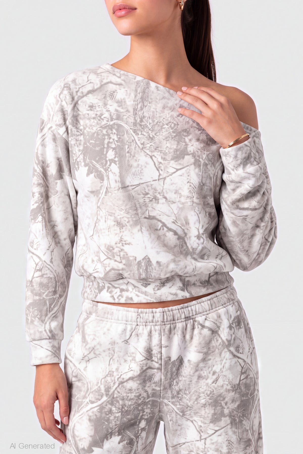 Alt View 4. Off Shoulder Long Sleeve Fleece Top - Light Grey
