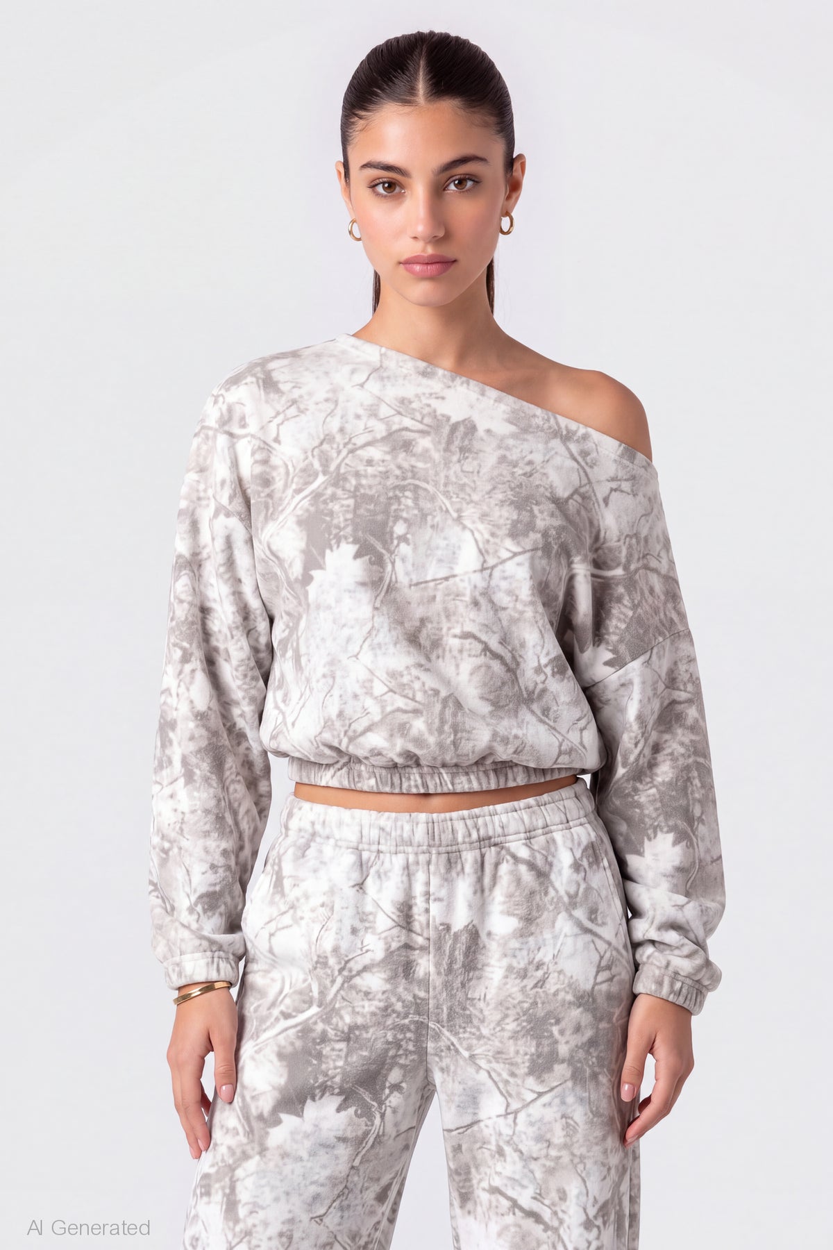 Off Shoulder Long Sleeve Fleece Top - Light Grey
