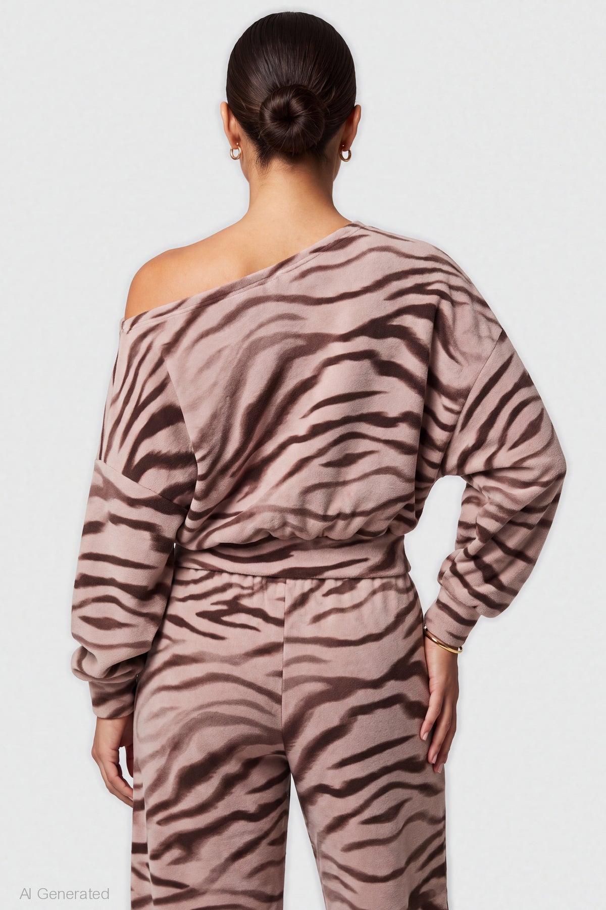 Alt View 2. Off Shoulder Long Sleeve Fleece Top - Light Brown