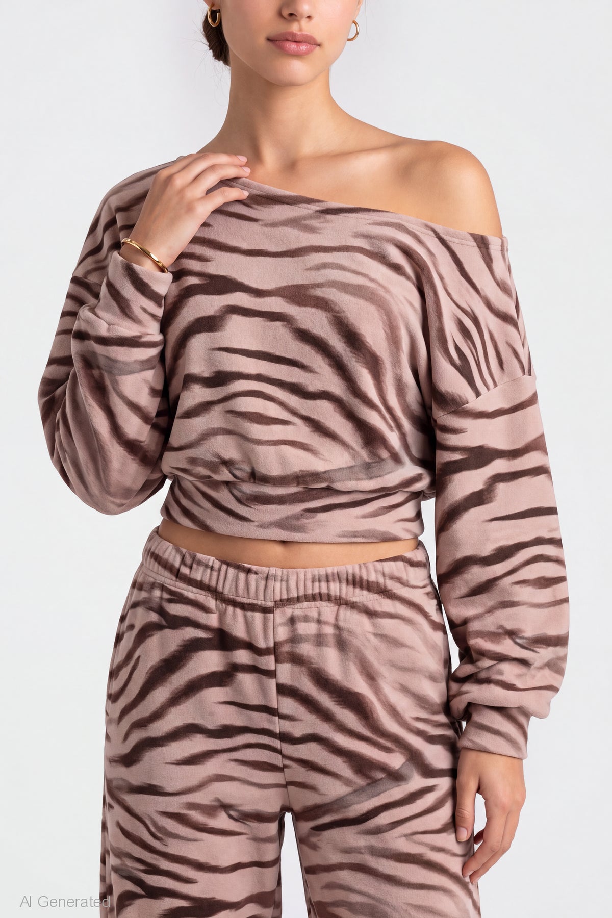 Alt View 4. Off Shoulder Long Sleeve Fleece Top - Light Brown