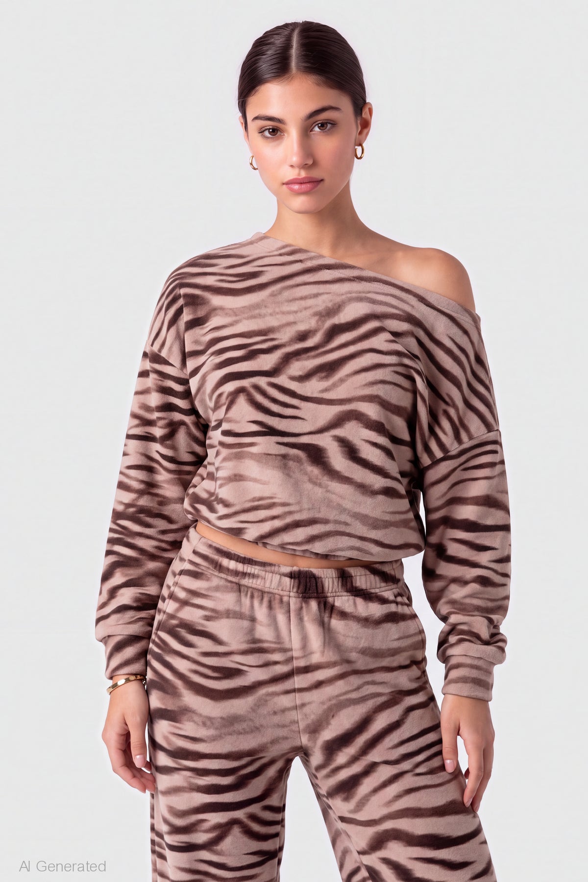 Off Shoulder Long Sleeve Fleece Top - Light Brown