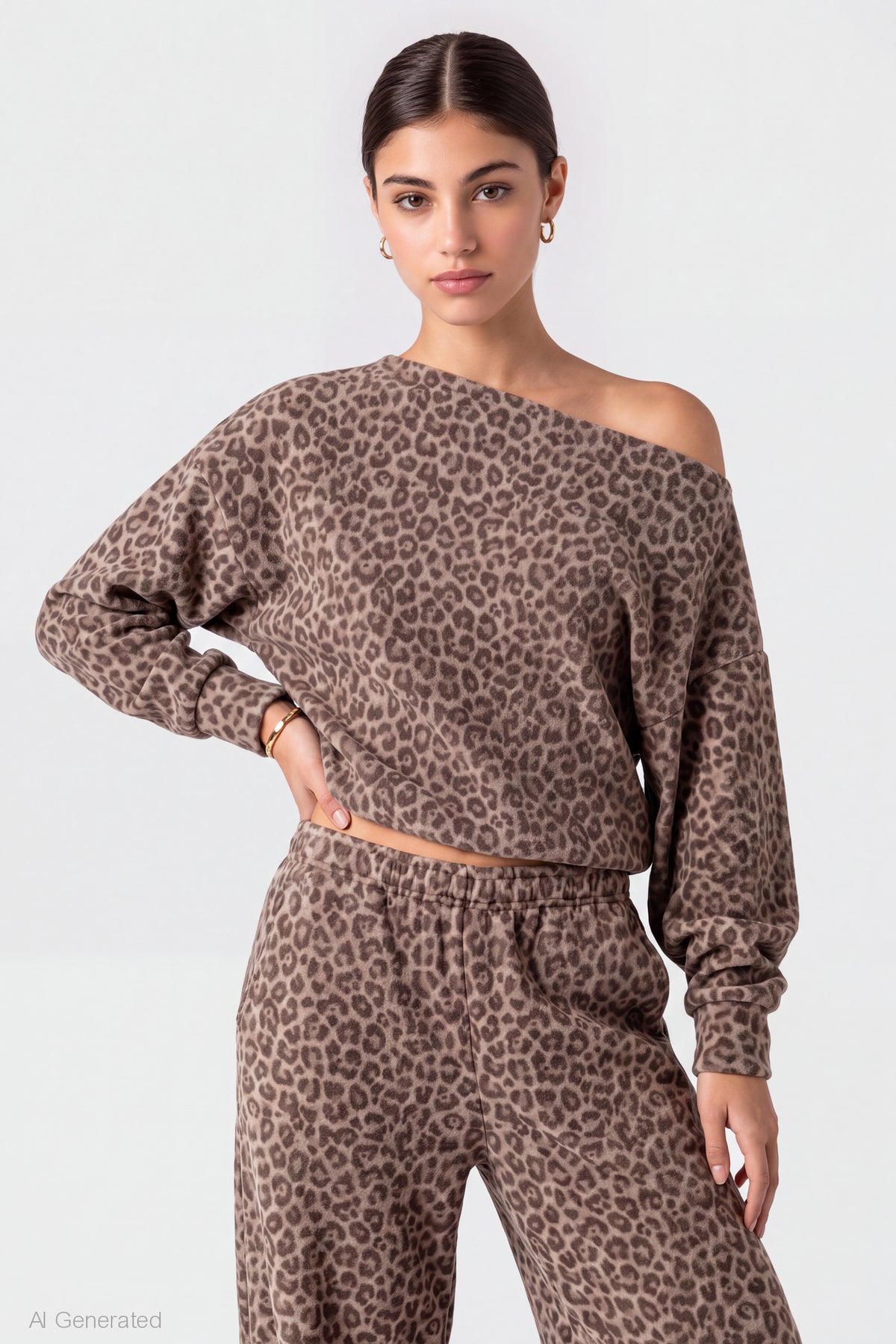 Off Shoulder Long Sleeve Fleece Top - Leopard
