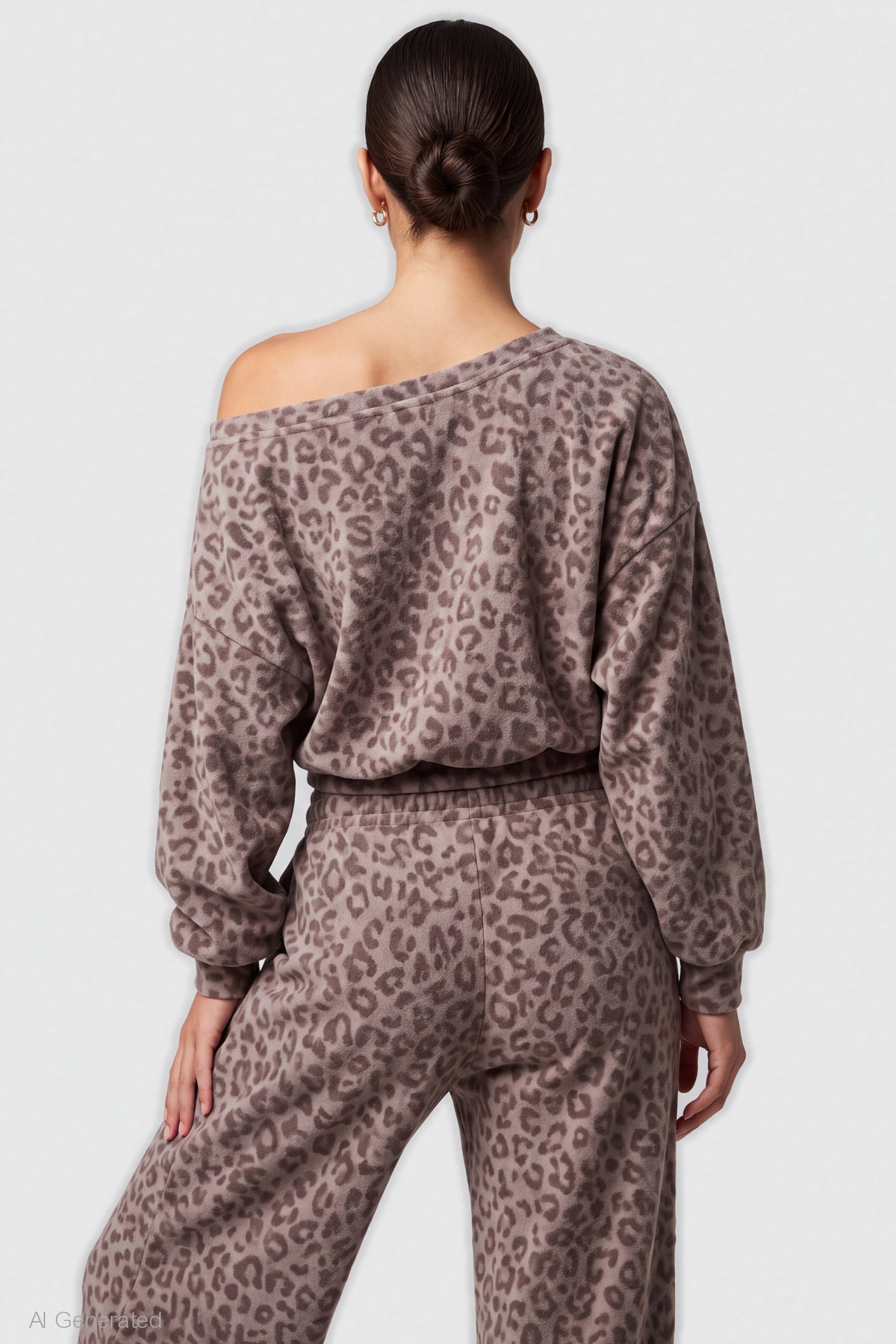 Alt View 2. Off Shoulder Long Sleeve Fleece Top - Leopard