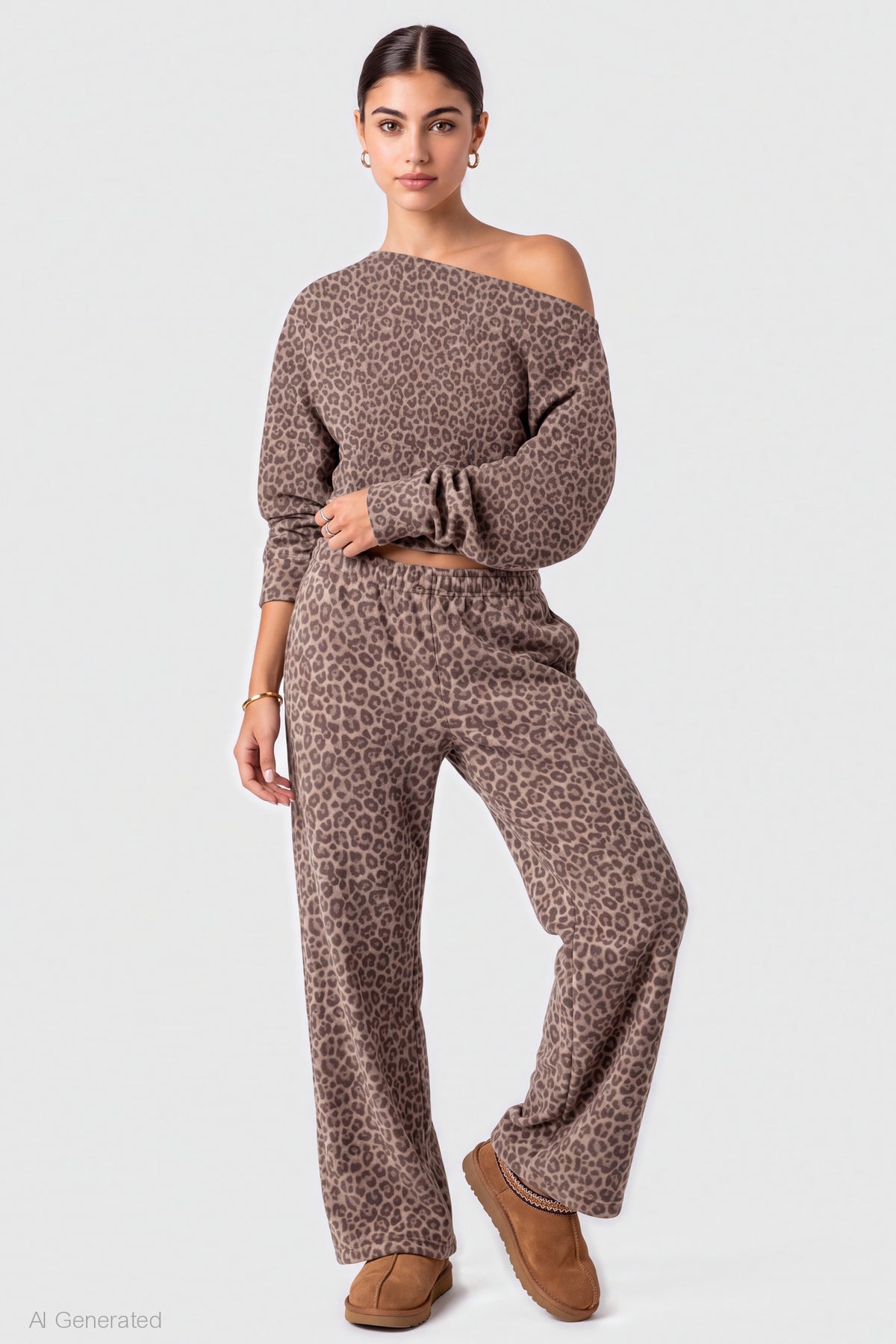 Alt View 3. Off Shoulder Long Sleeve Fleece Top - Leopard