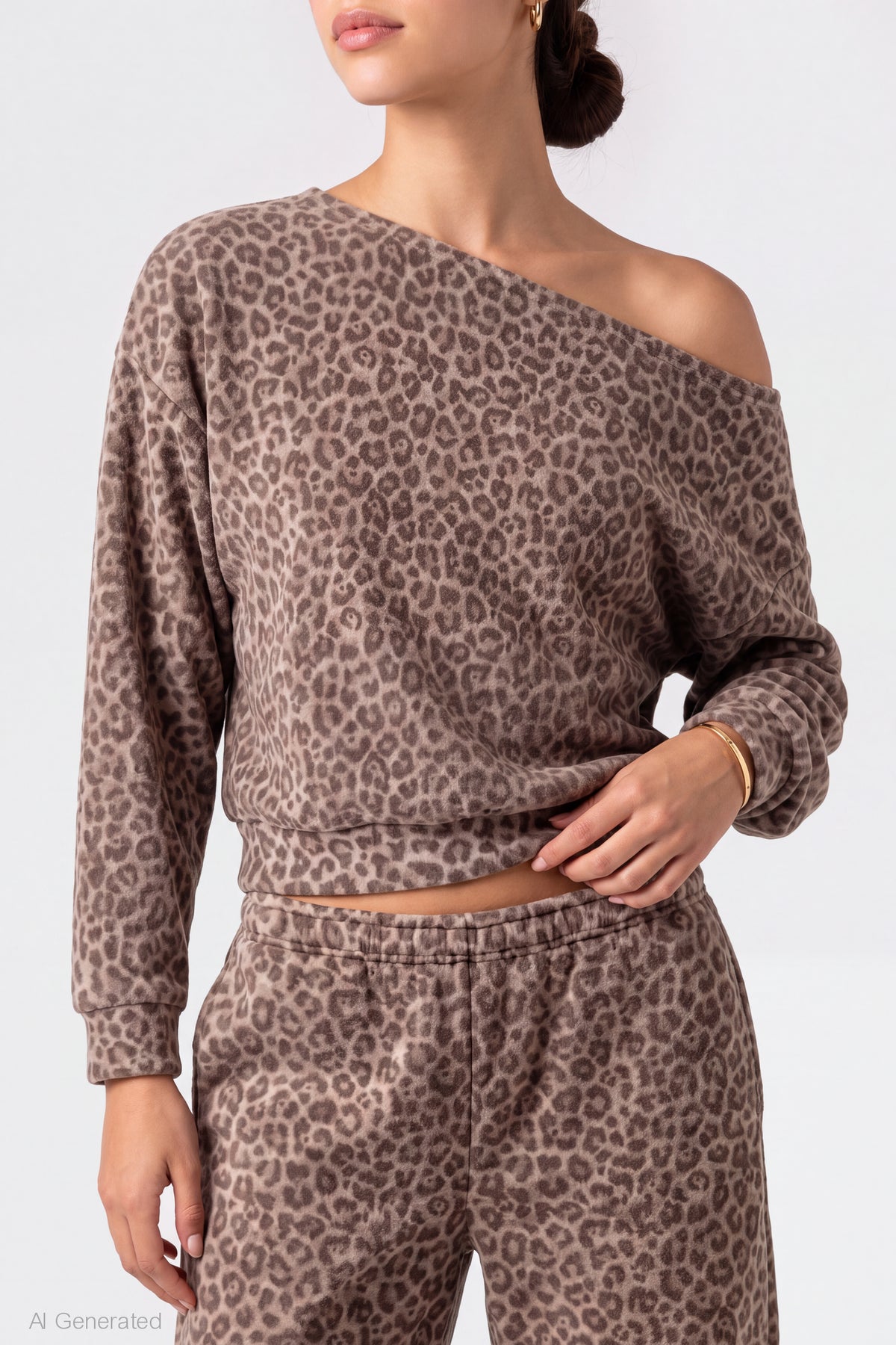 Alt View 4. Off Shoulder Long Sleeve Fleece Top - Leopard