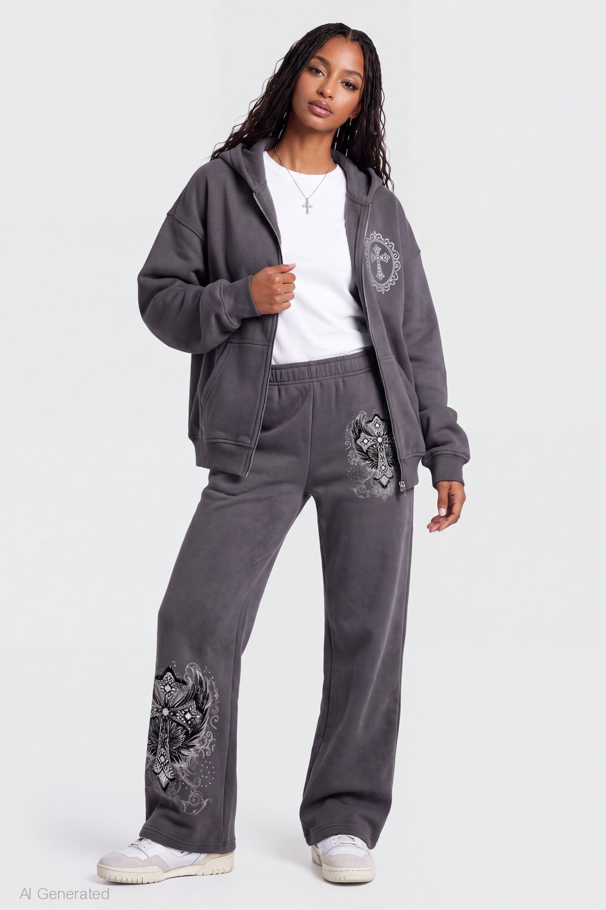 Graphic Wide Leg Jogger - Charcoal