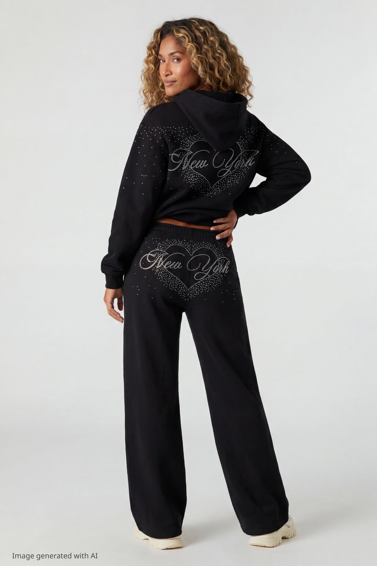 Fleece Rhinestone Wide Leg Sweatpant - Black