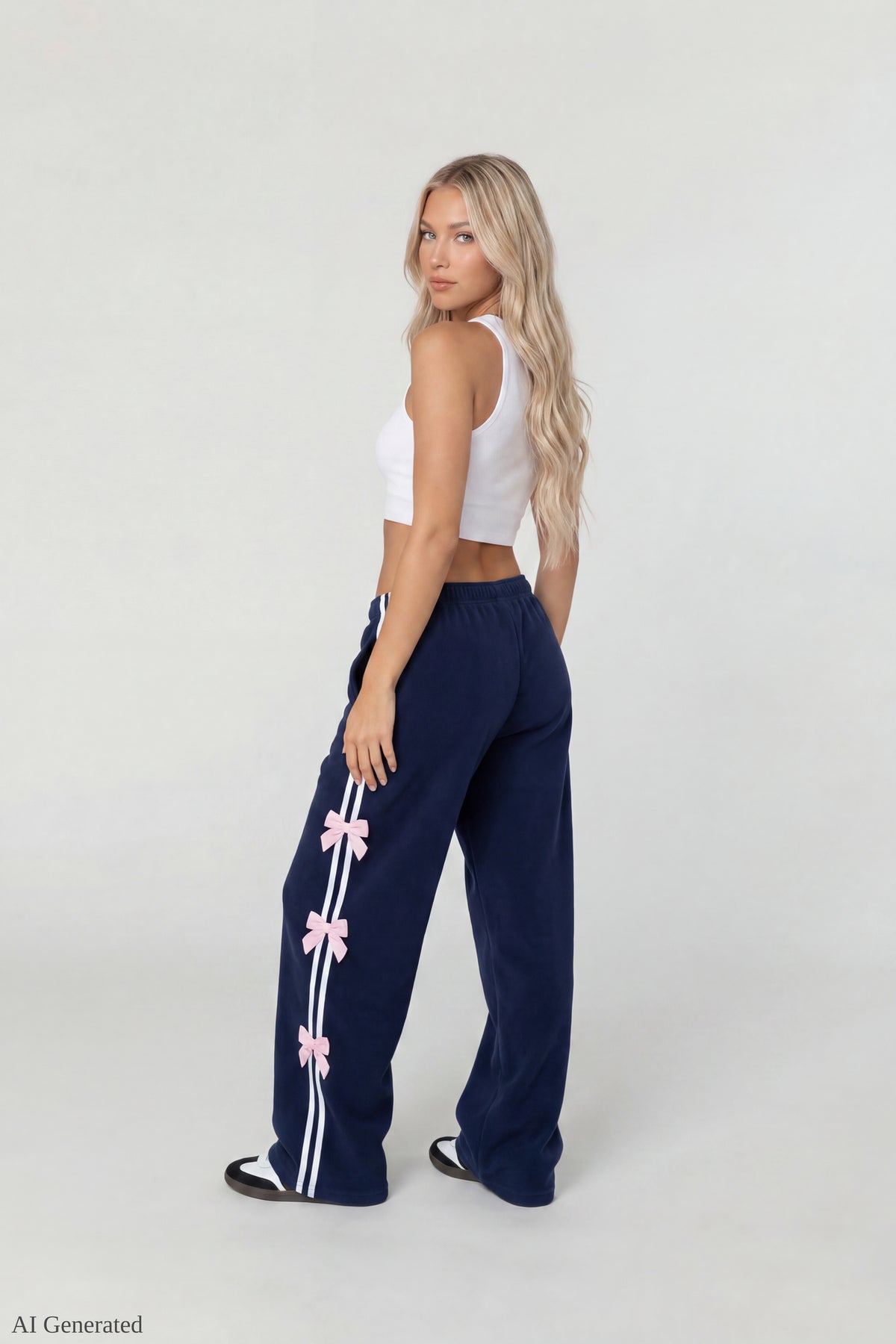 Alt View 3. Fleece 3D Bow Wide Leg Sweatpant - Navy