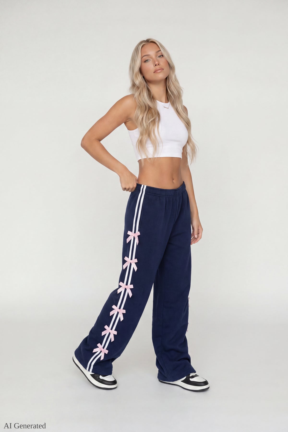 Fleece 3D Bow Wide Leg Sweatpant - Navy