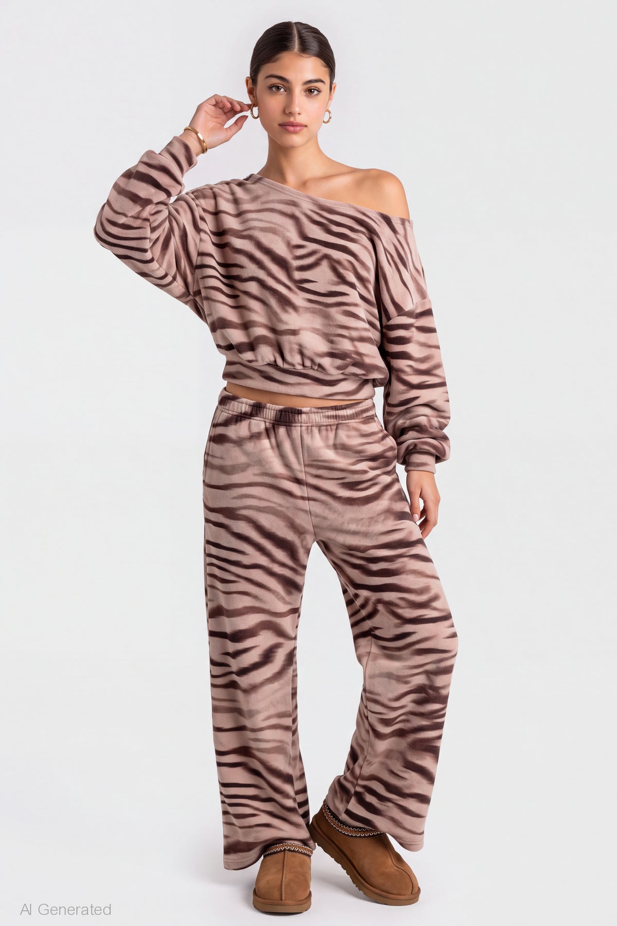 Wide Leg Fleece Sweatpant - Light Brown