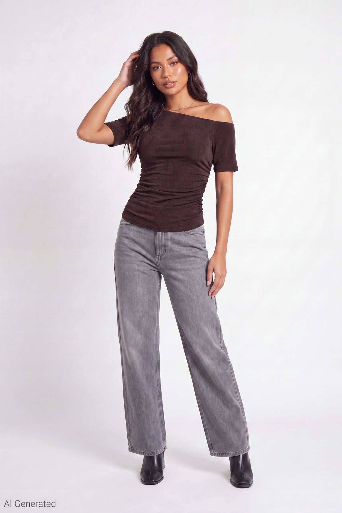 Alt View 2. Slinky Off Shoulder Top - Brown