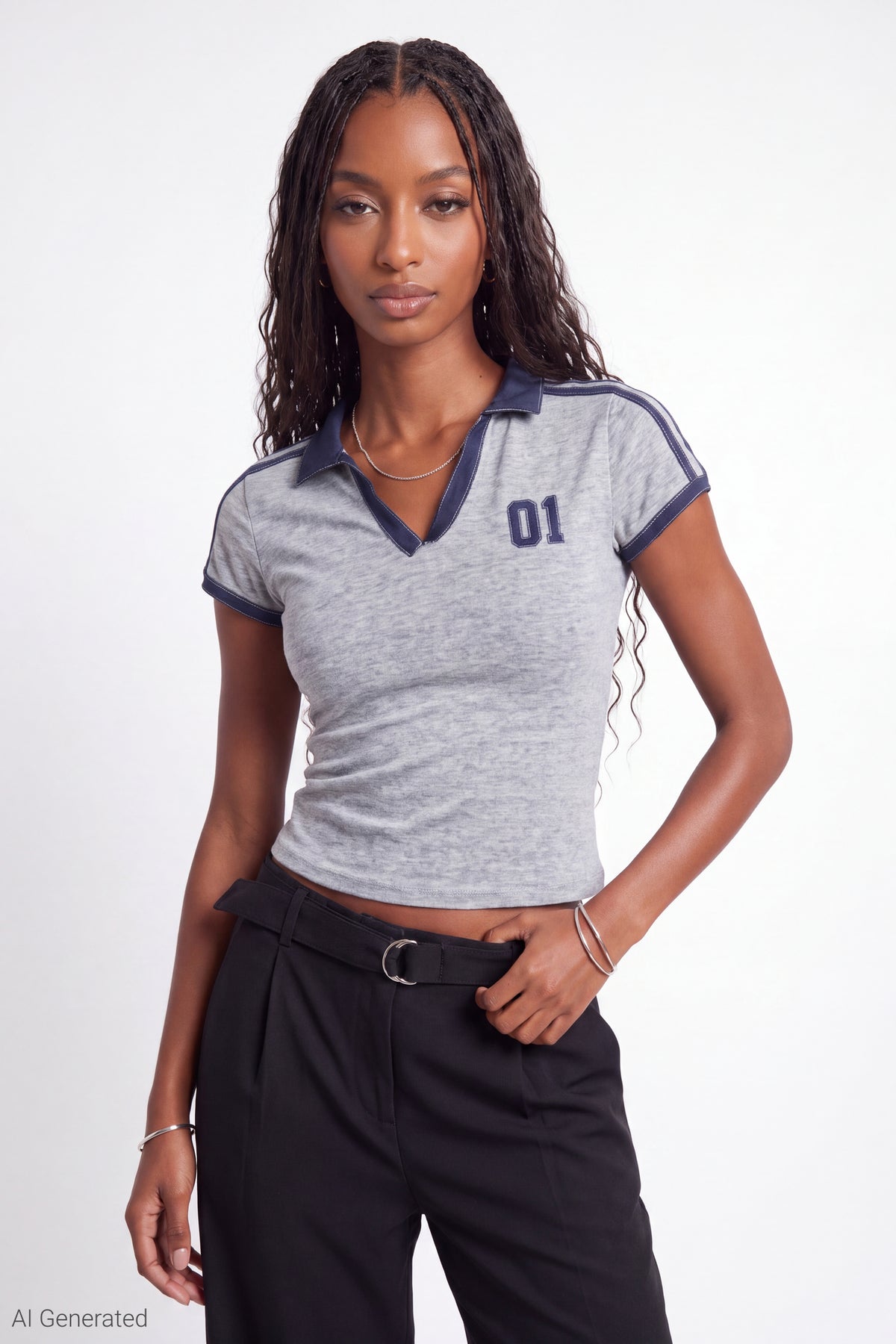 Embroidered Johnny Collar Polo - Heather Grey