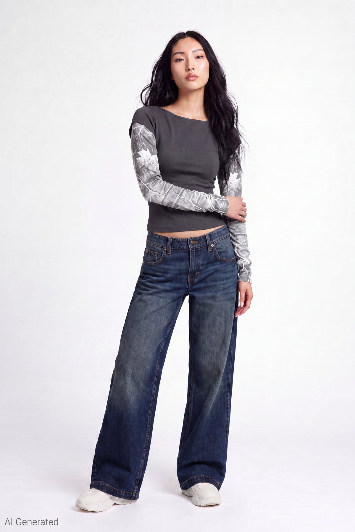 Alt View 2. Twofer Boatneck Long Sleeve Top - Charcoal