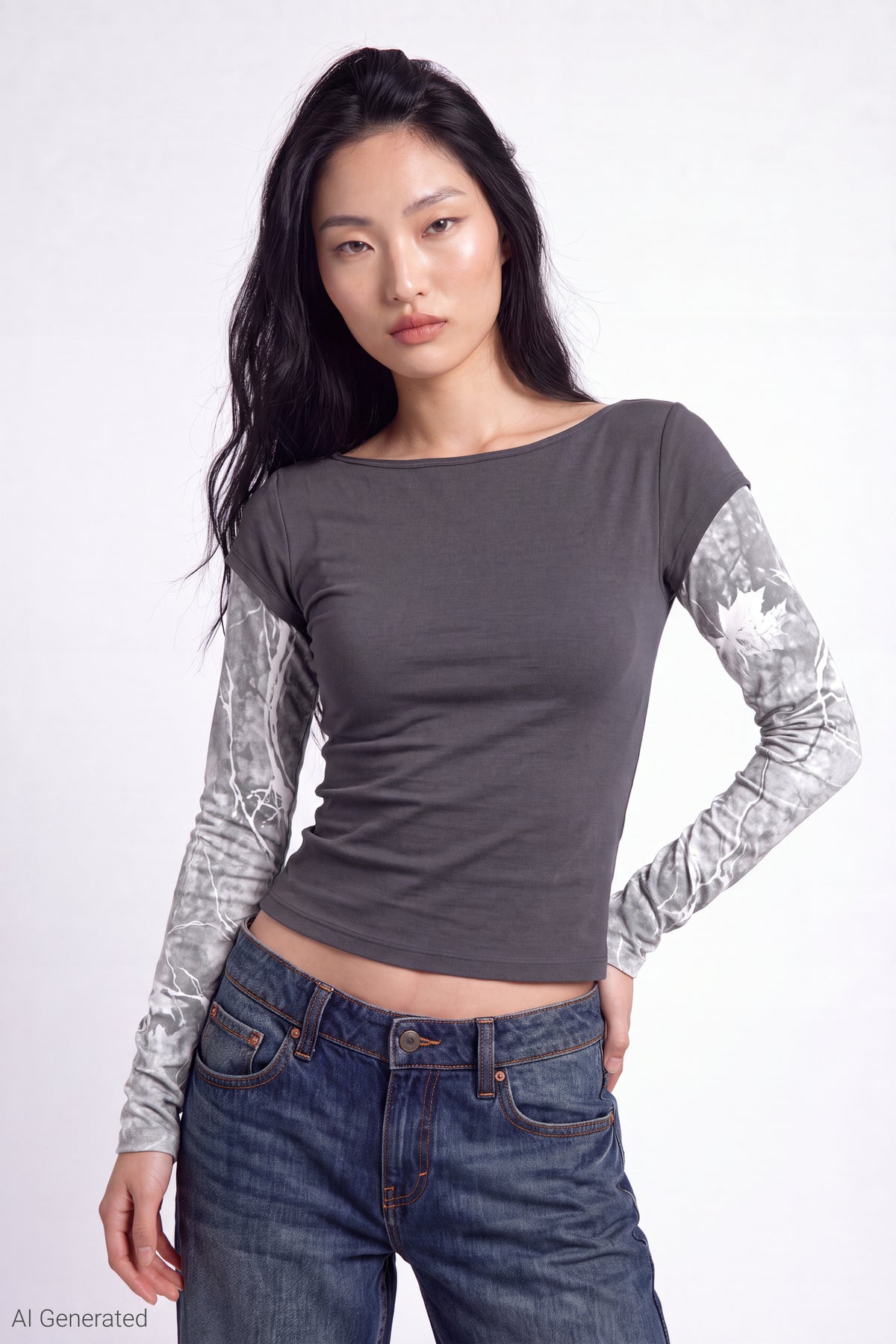 Twofer Boatneck Long Sleeve Top - Charcoal