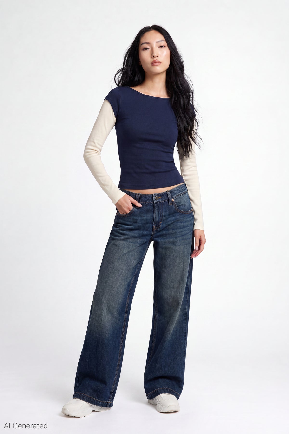 Alt View 2. Twofer Boatneck Long Sleeve Top - Navy