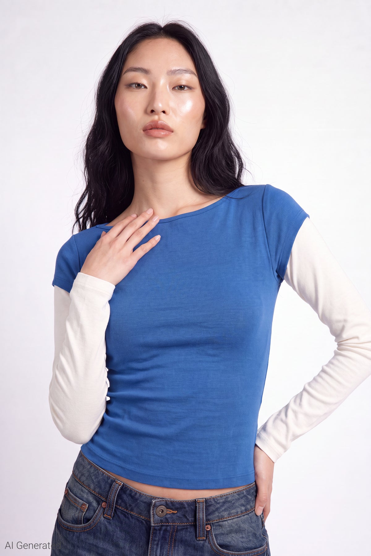 Twofer Boatneck Long Sleeve Top - Royal Blue