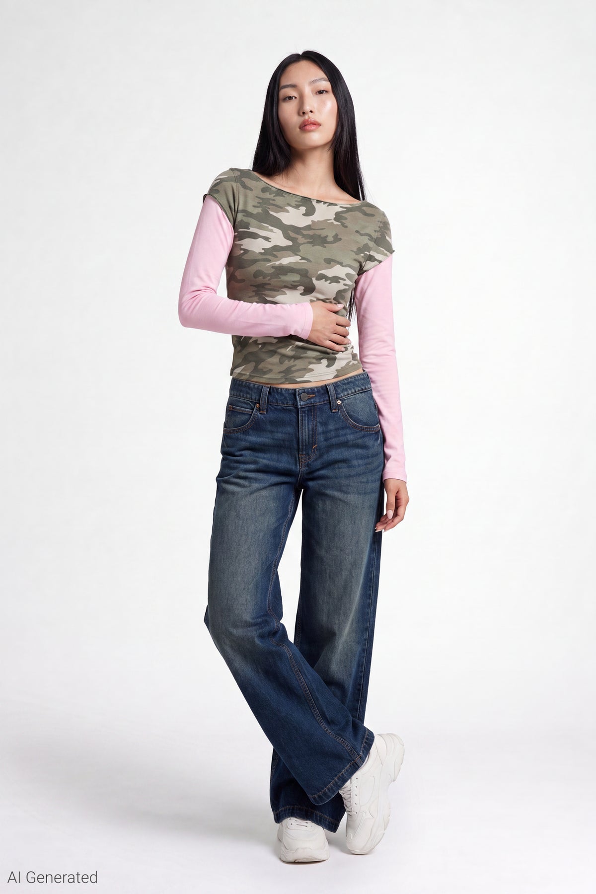 Alt View 2. Twofer Boatneck Long Sleeve Top - Camouflage