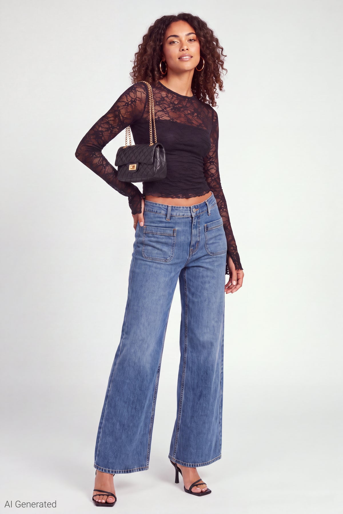 Alt View 3. Lace Long Sleeve Fitted Top - Black