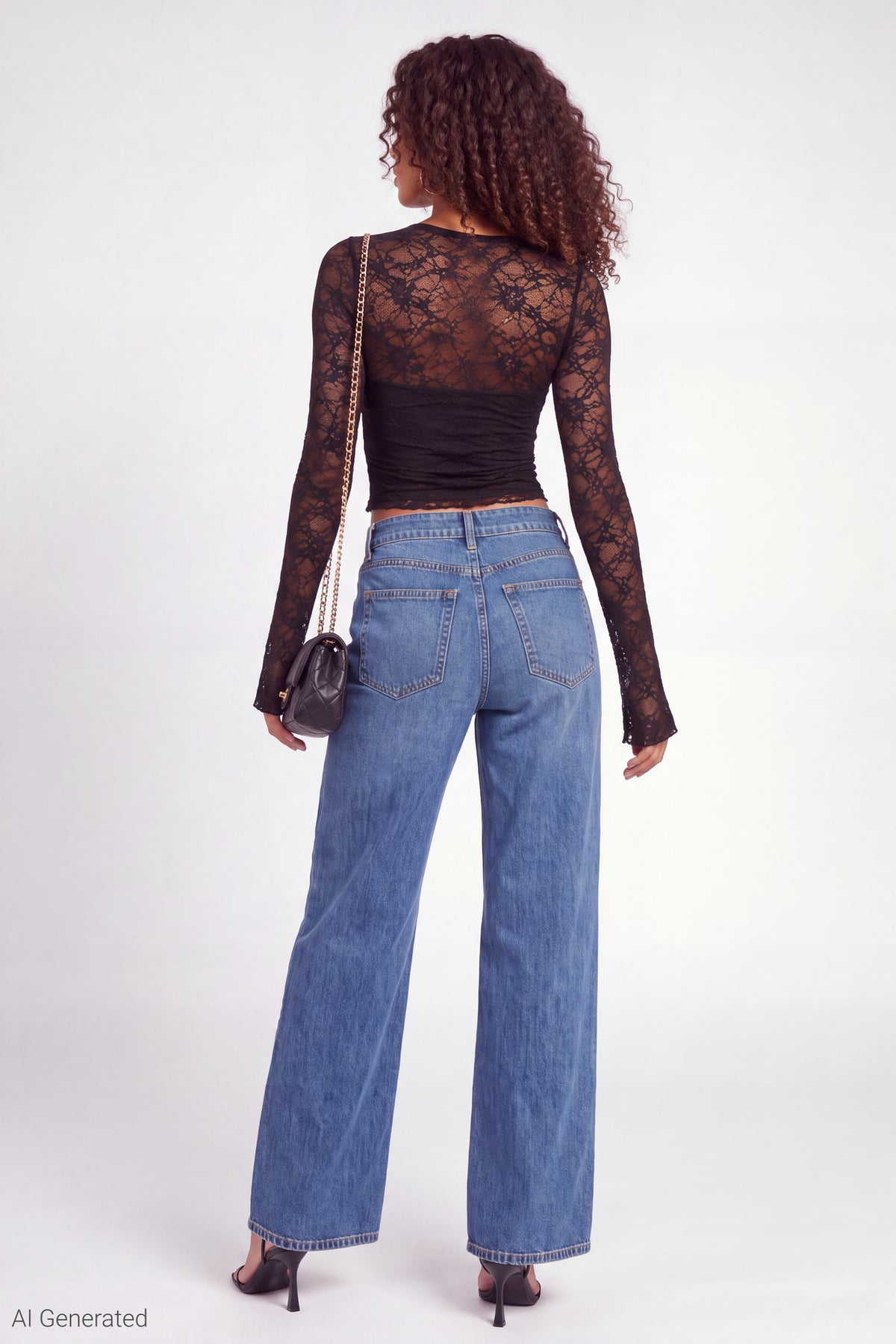 Alt View 2. Lace Long Sleeve Fitted Top - Black