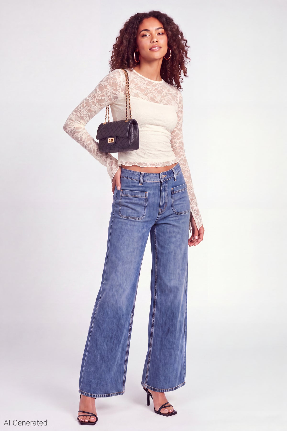 Alt View 3. Lace Long Sleeve Fitted Top - White