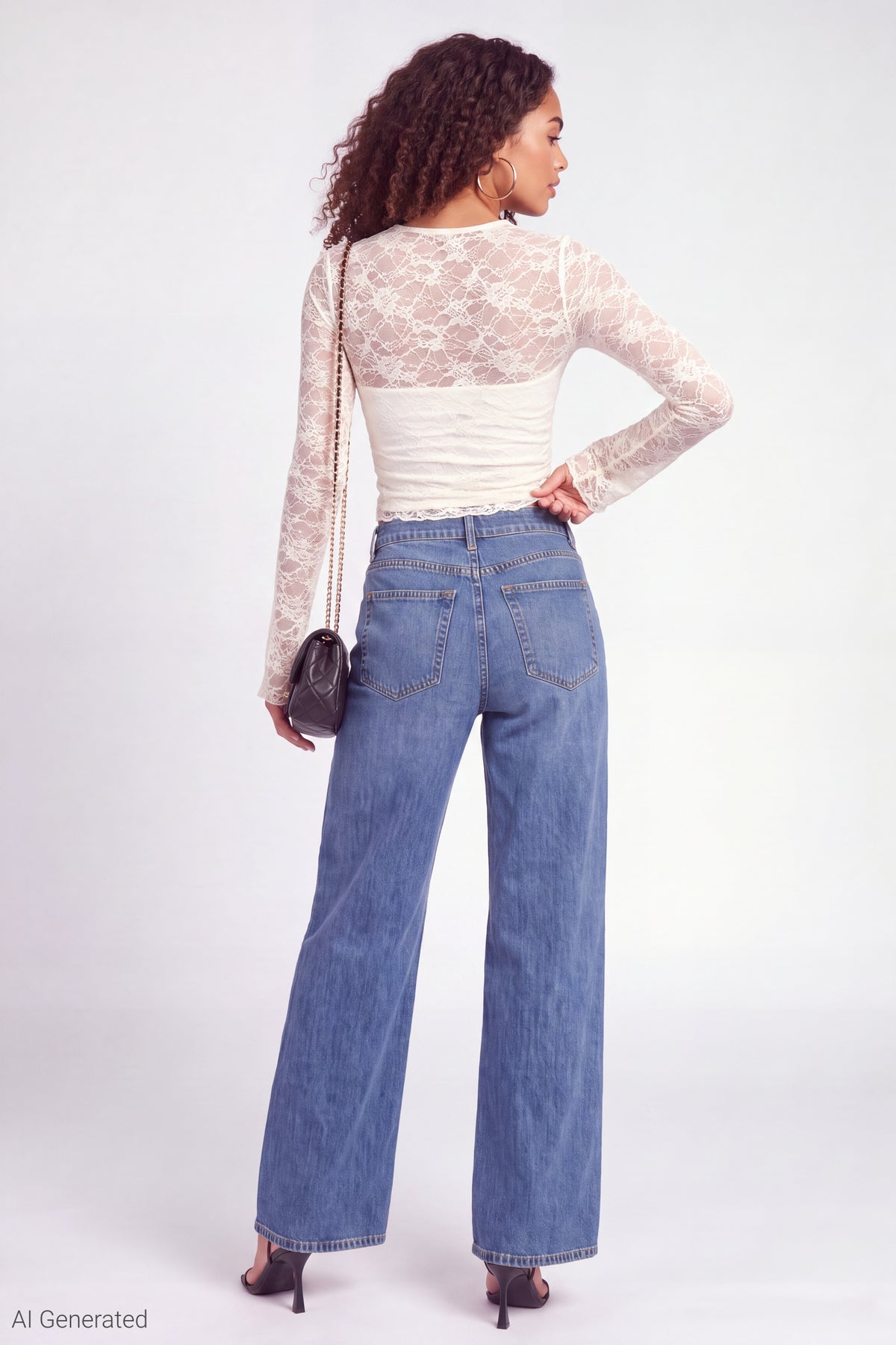 Alt View 2. Lace Long Sleeve Fitted Top - White