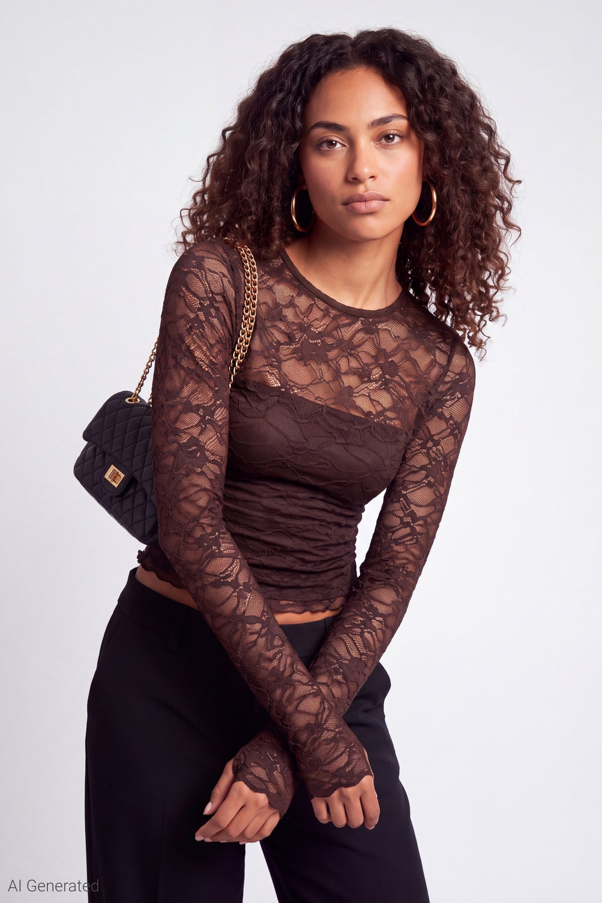 Lace Long Sleeve Fitted Top - Brown