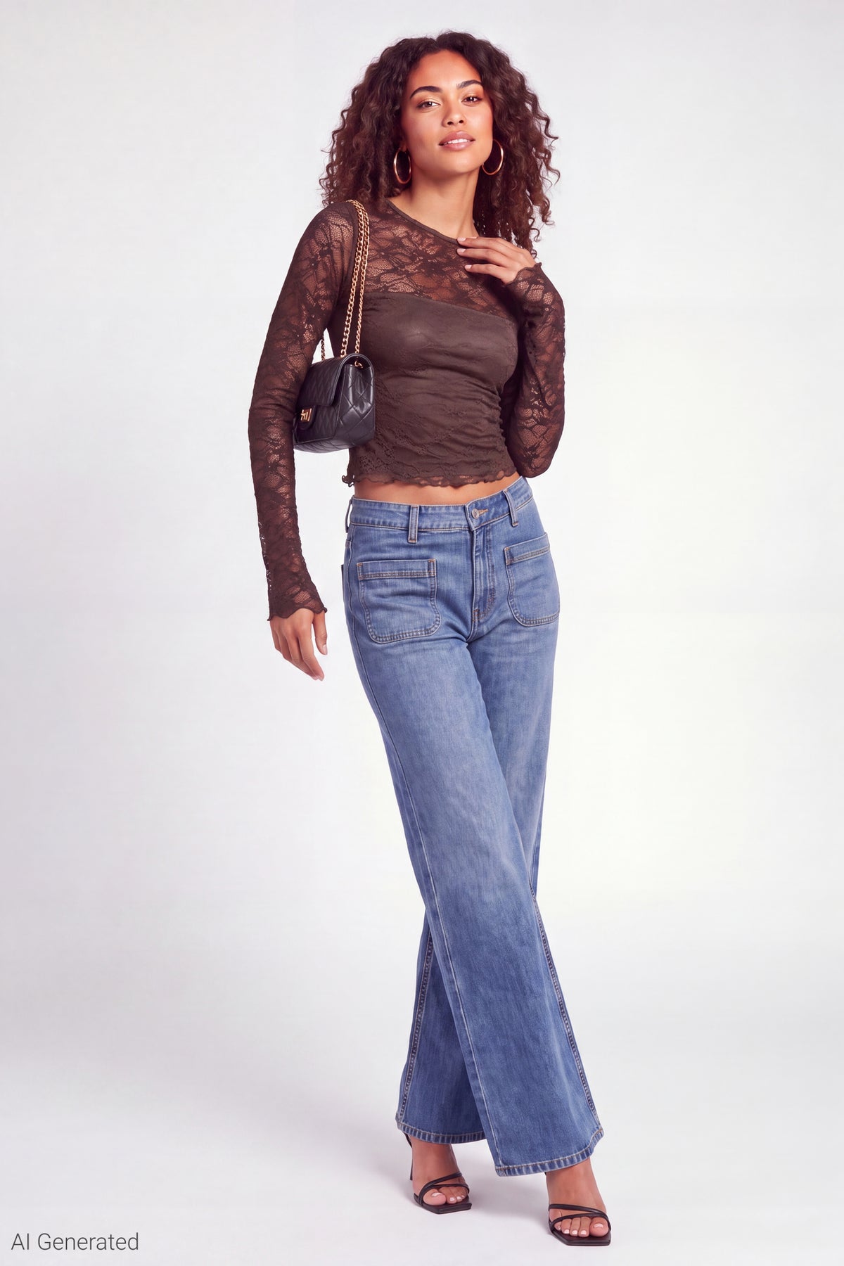 Alt View 3. Lace Long Sleeve Fitted Top - Brown