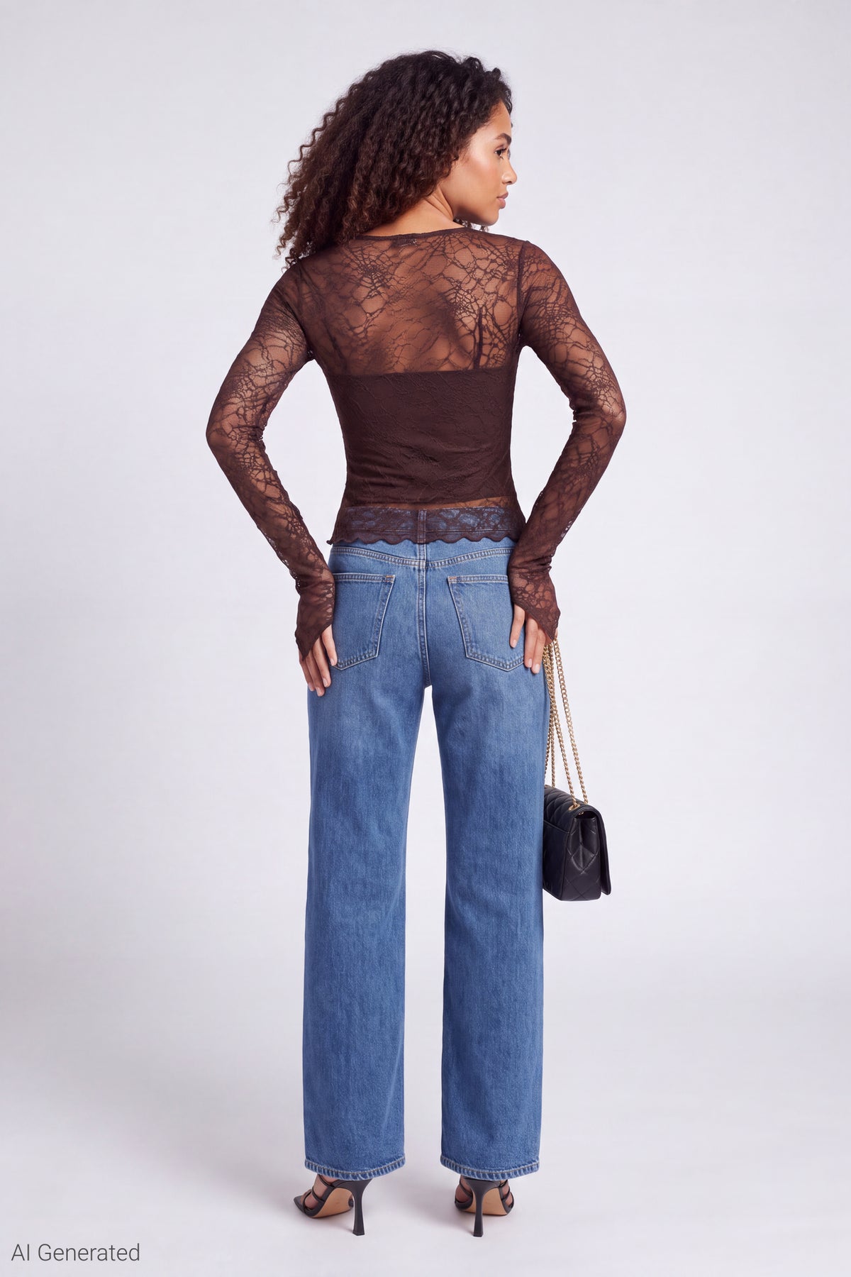 Alt View 2. Lace Long Sleeve Fitted Top - Brown