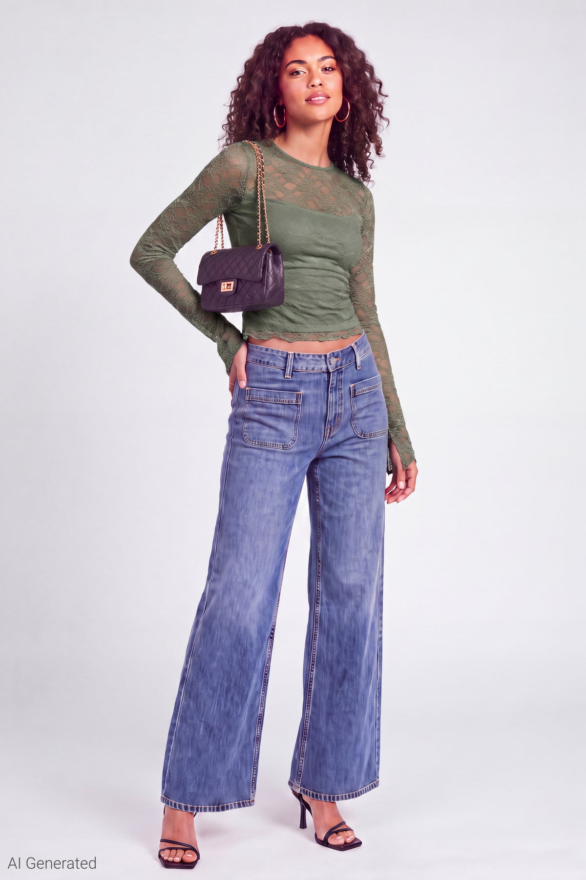 Alt View 3. Lace Long Sleeve Fitted Top - Green
