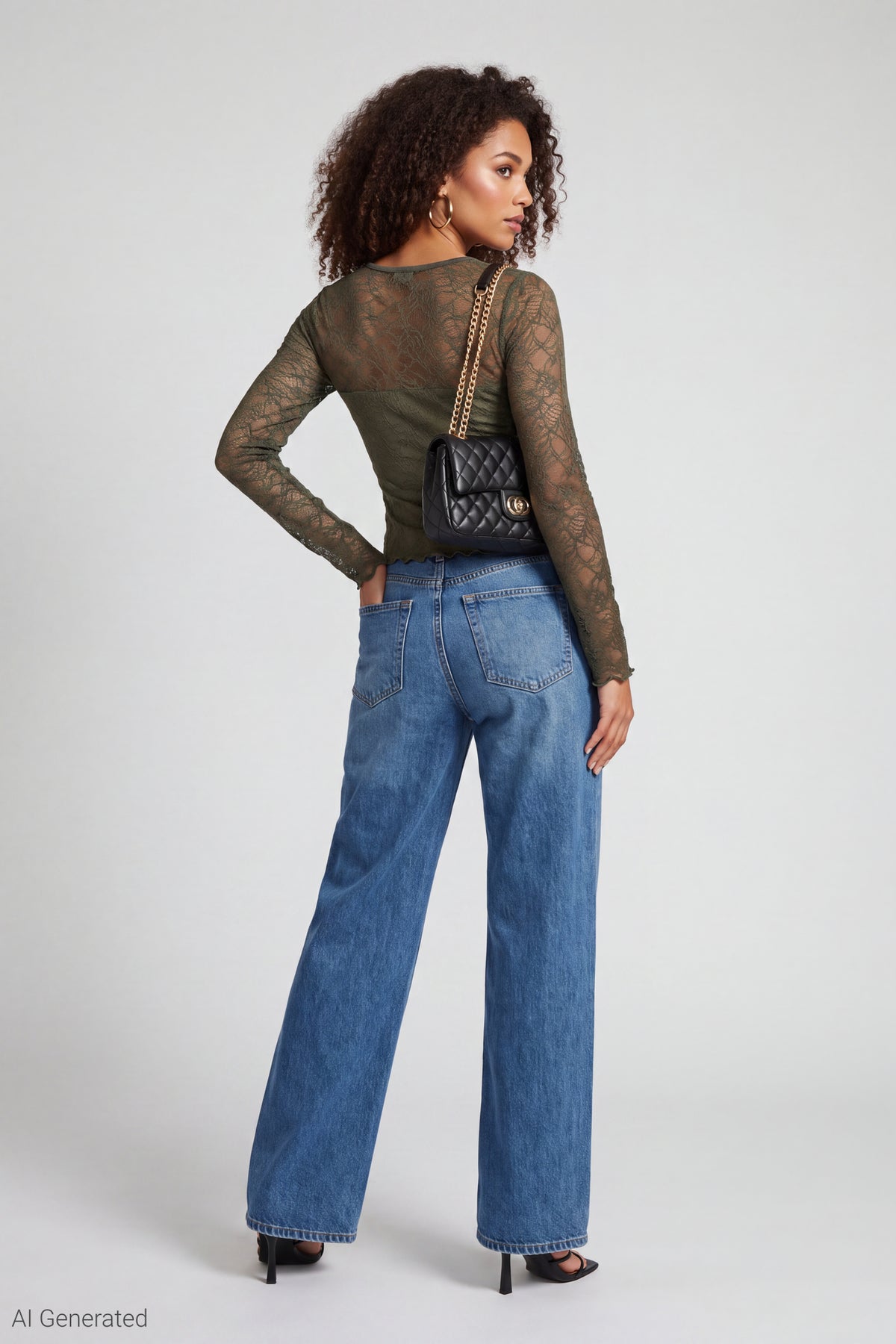 Alt View 2. Lace Long Sleeve Fitted Top - Green