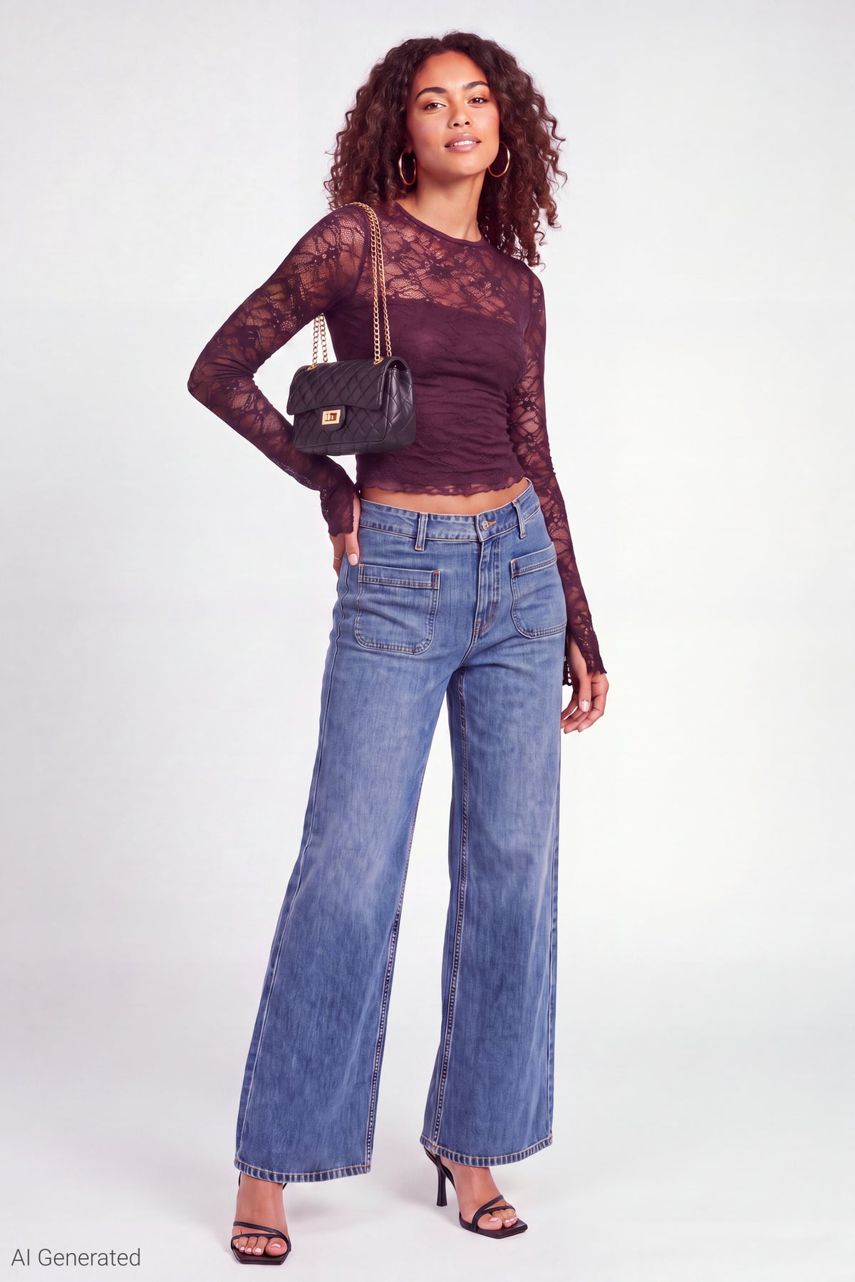 Alt View 3. Lace Long Sleeve Fitted Top - Burgundy