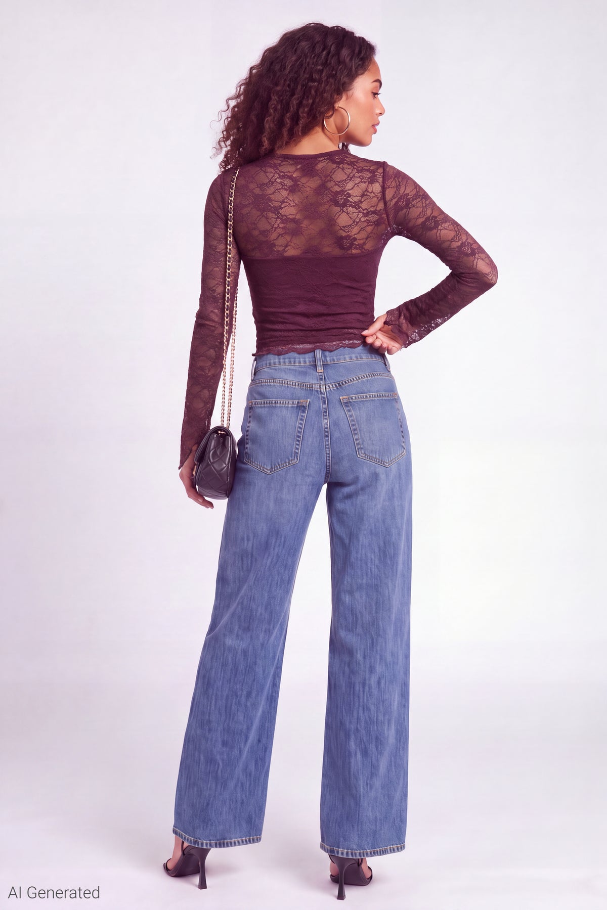 Alt View 2. Lace Long Sleeve Fitted Top - Burgundy