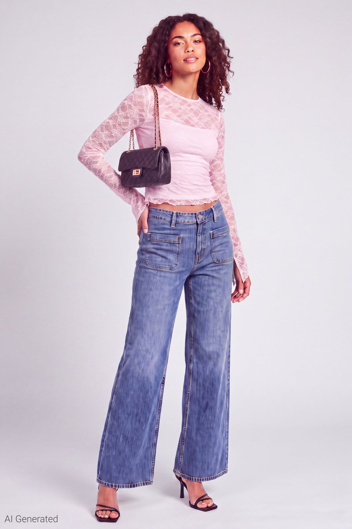 Alt View 3. Lace Long Sleeve Fitted Top - Light Pink