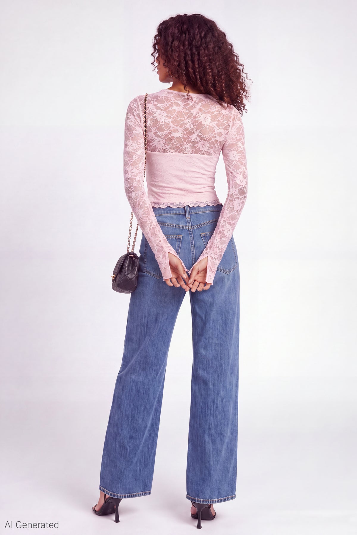 Alt View 2. Lace Long Sleeve Fitted Top - Light Pink