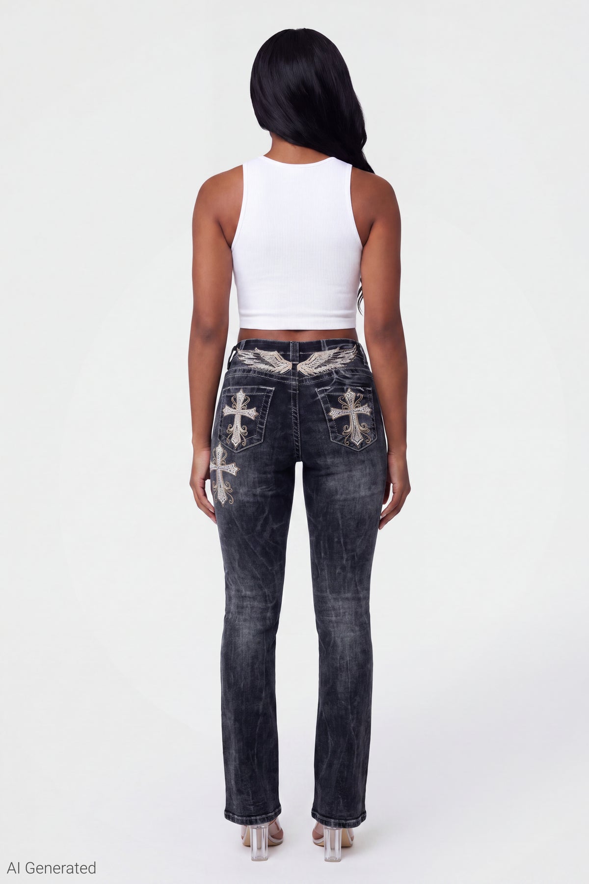 Stretch Rhinestone Embroidered Flare Jean - Black