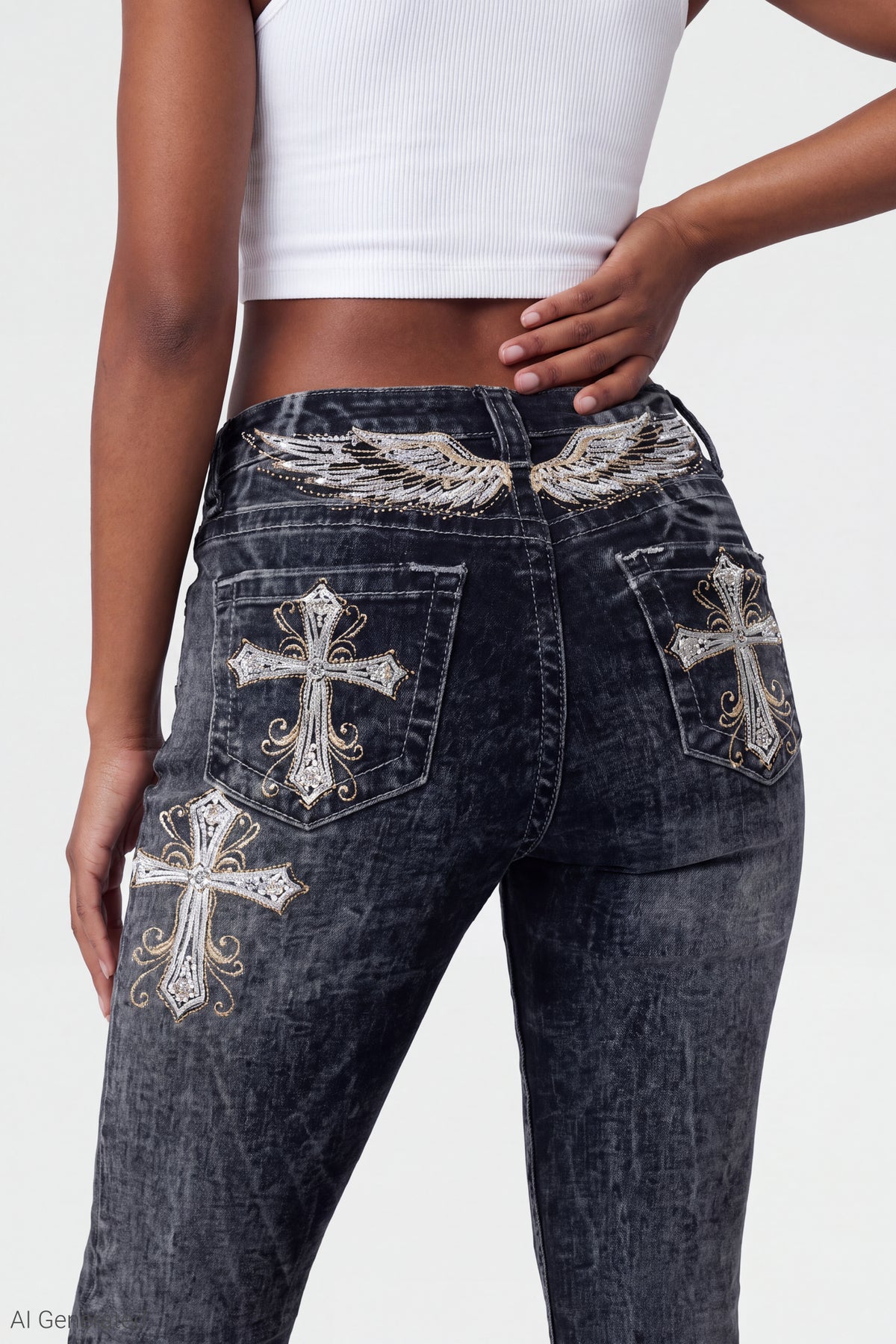 Alt View 3. Stretch Rhinestone Embroidered Flare Jean - Black