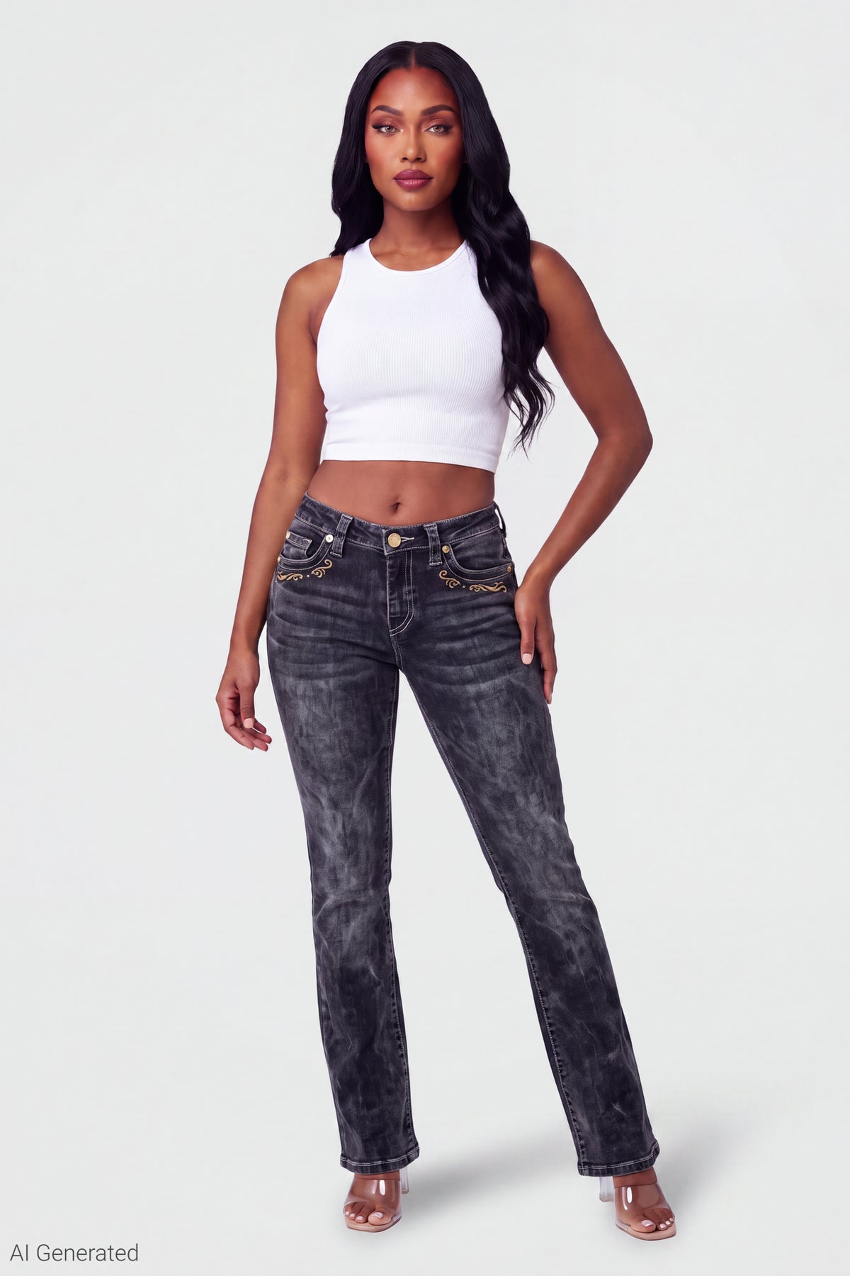 Alt View 2. Stretch Rhinestone Embroidered Flare Jean - Black