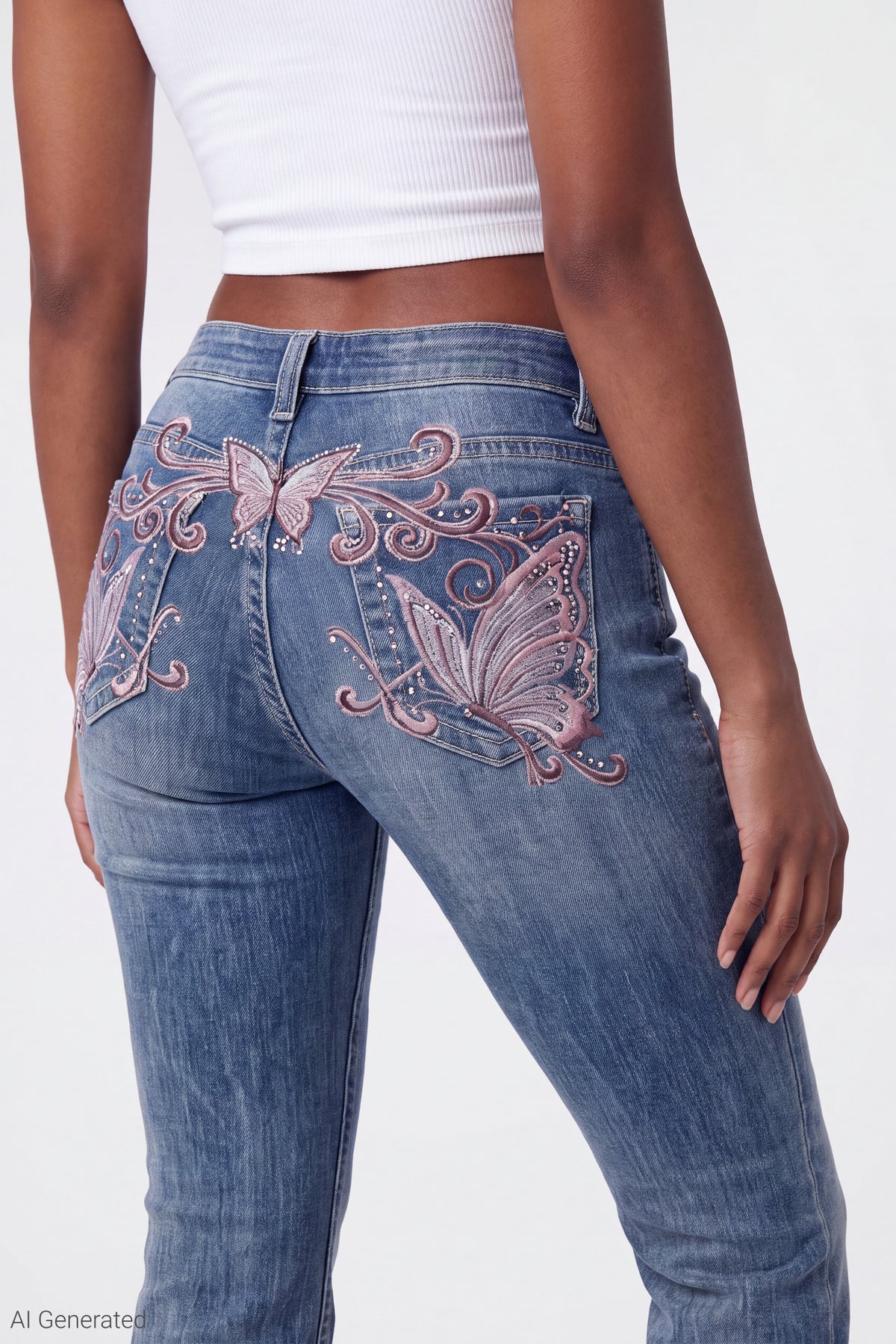 Alt View 3. Stretch Rhinestone Embroidered Flare Jean - Medium Blue