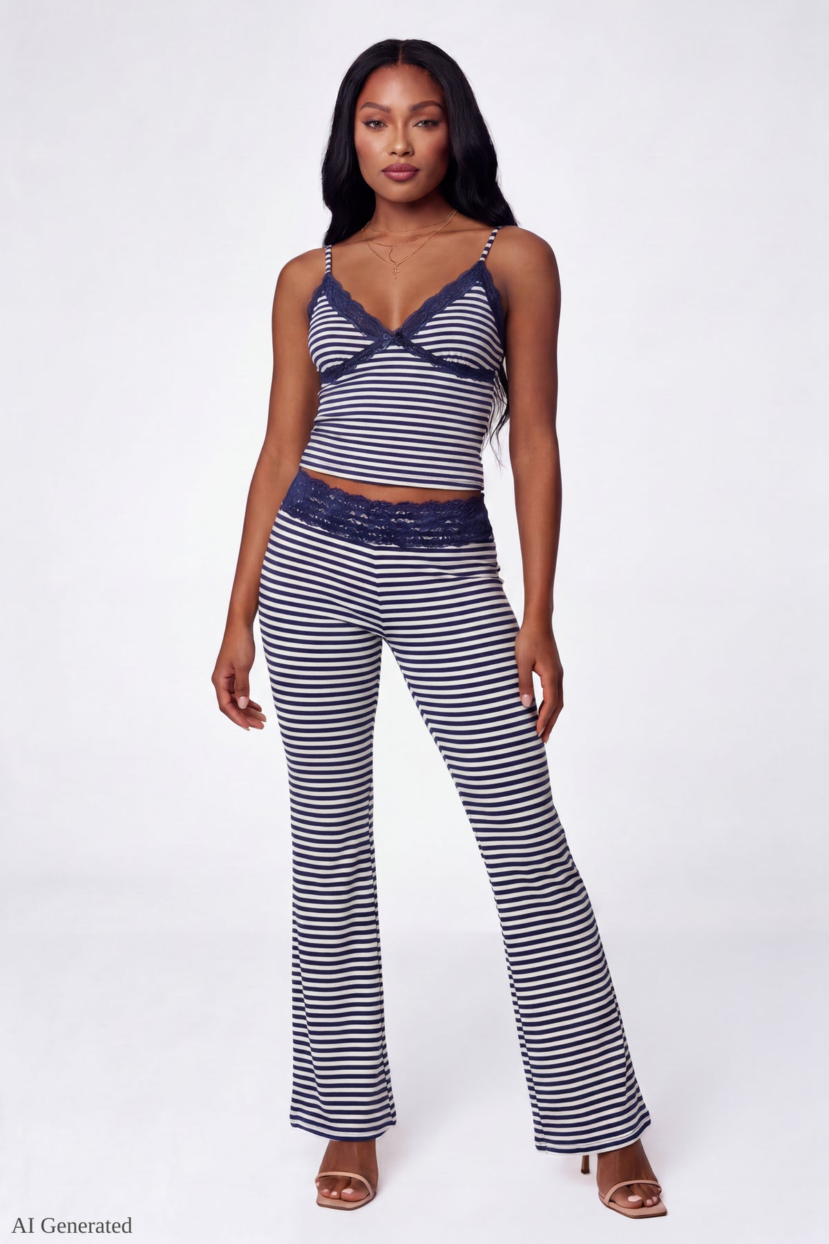 Soft Lace Trim Flare Pant - Navy
