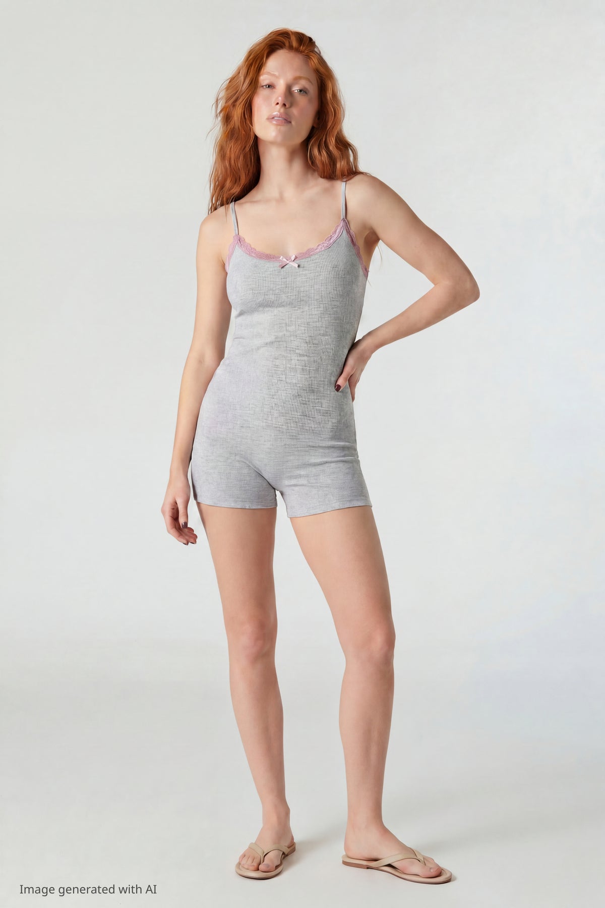 Alt View 2. Soft Ribbed Lace Trim Romper - Light Grey