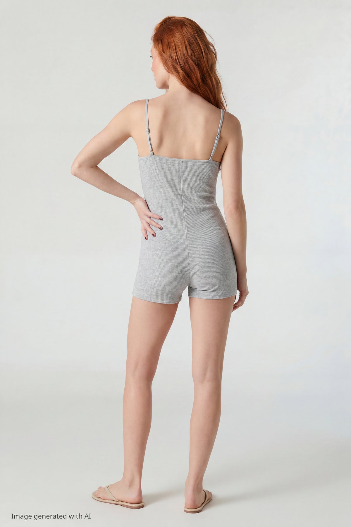 Alt View 3. Soft Ribbed Lace Trim Romper - Light Grey