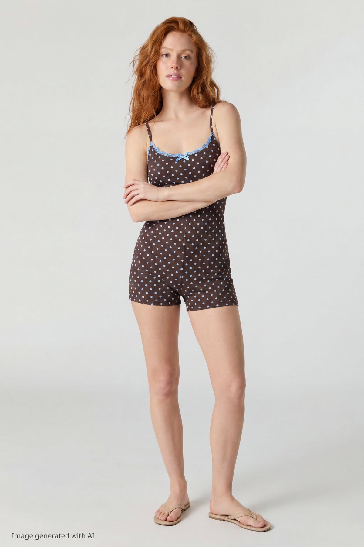 Alt View 2. Soft Ribbed Lace Trim Romper - Brown