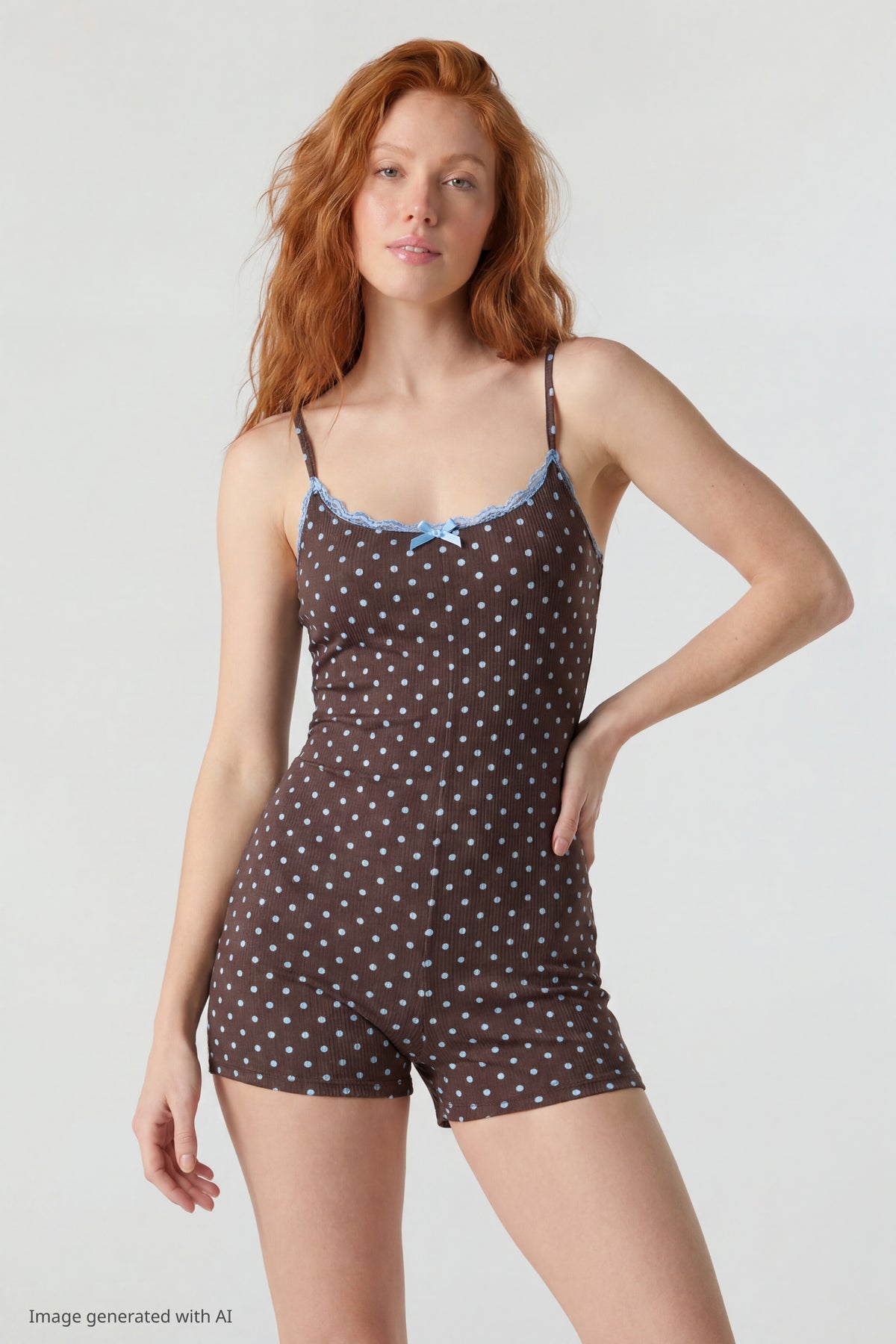 Soft Ribbed Lace Trim Romper - Brown