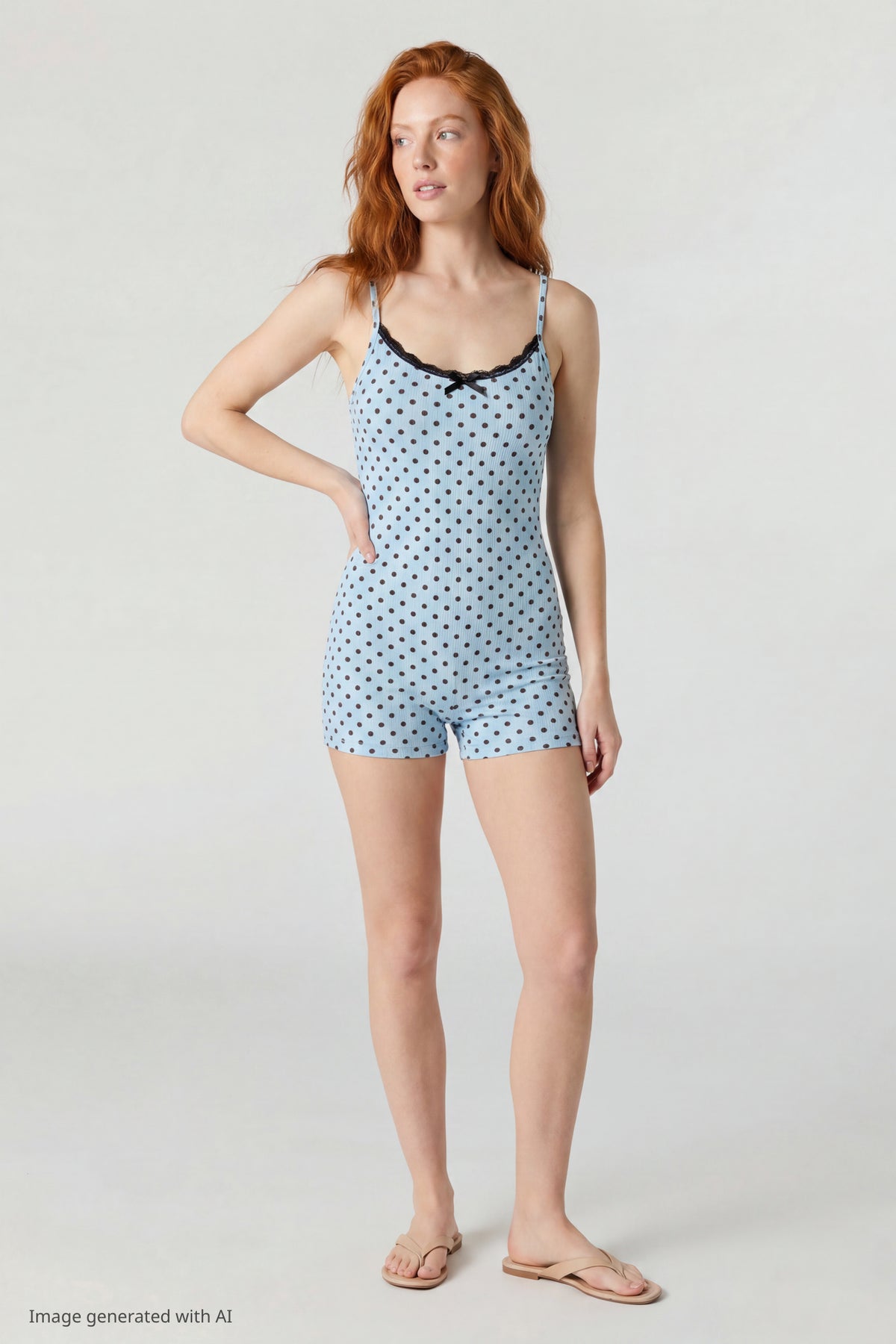 Alt View 2. Soft Ribbed Lace Trim Romper - Blue