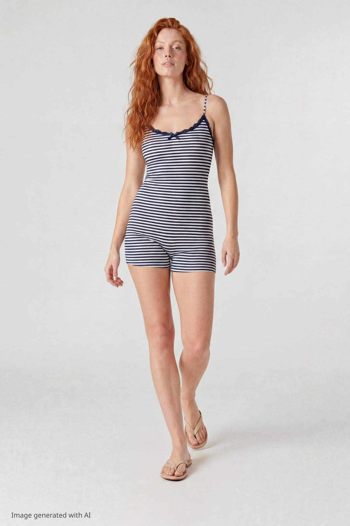 Alt View 2. Soft Ribbed Lace Trim Romper - Navy