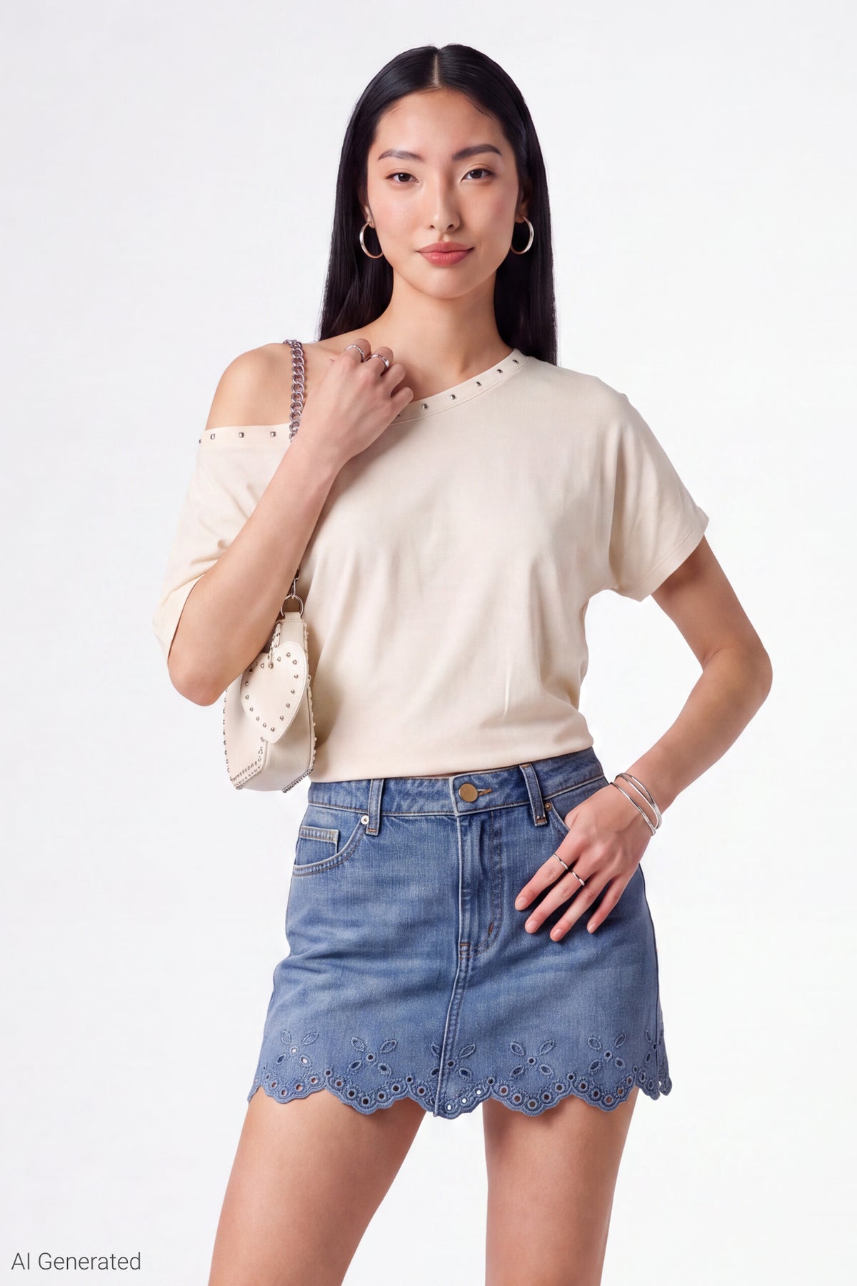Denim Eyelet Trim Mini Skirt - Blue