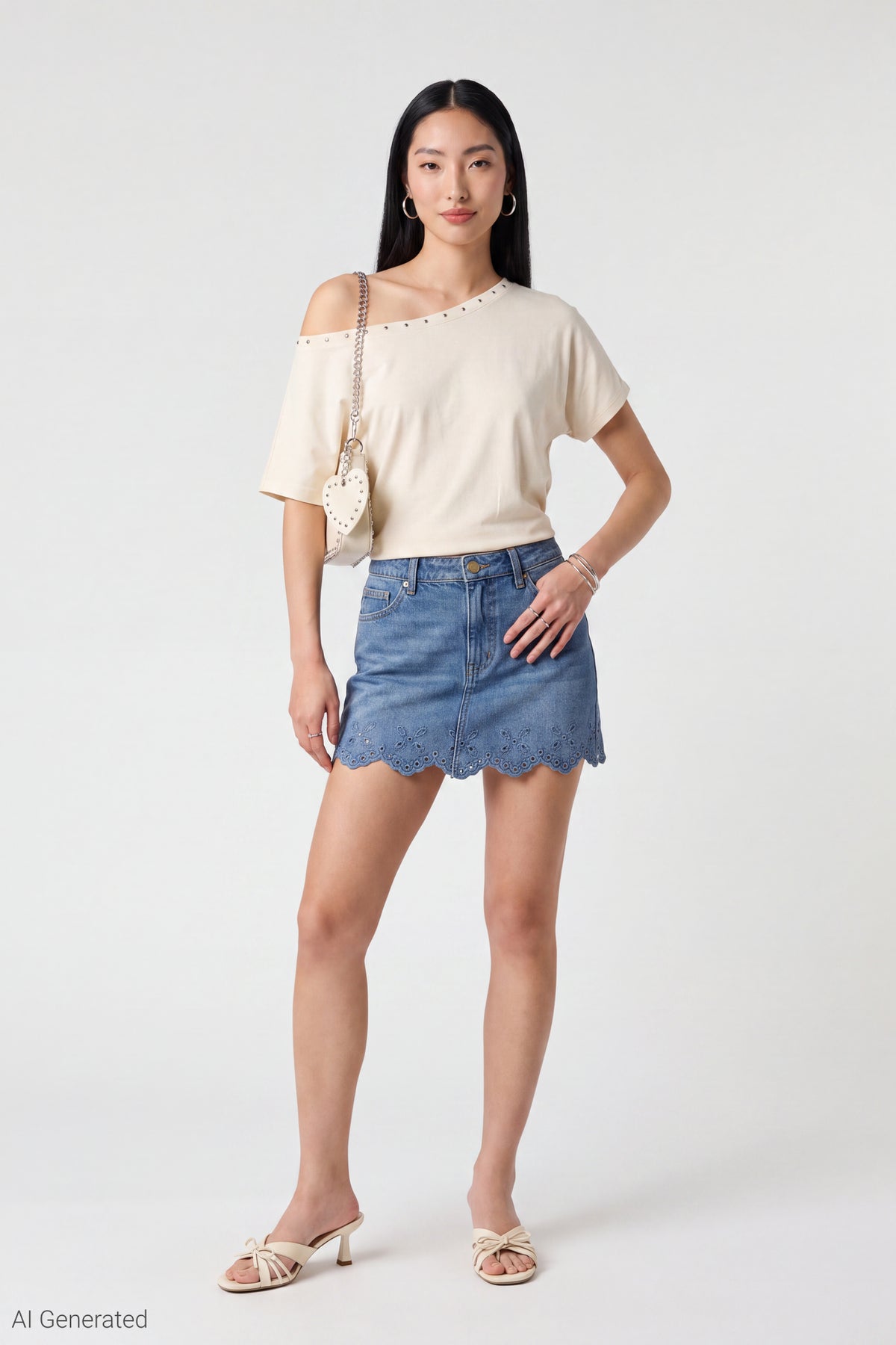 Alt View 2. Denim Eyelet Trim Mini Skirt - Blue